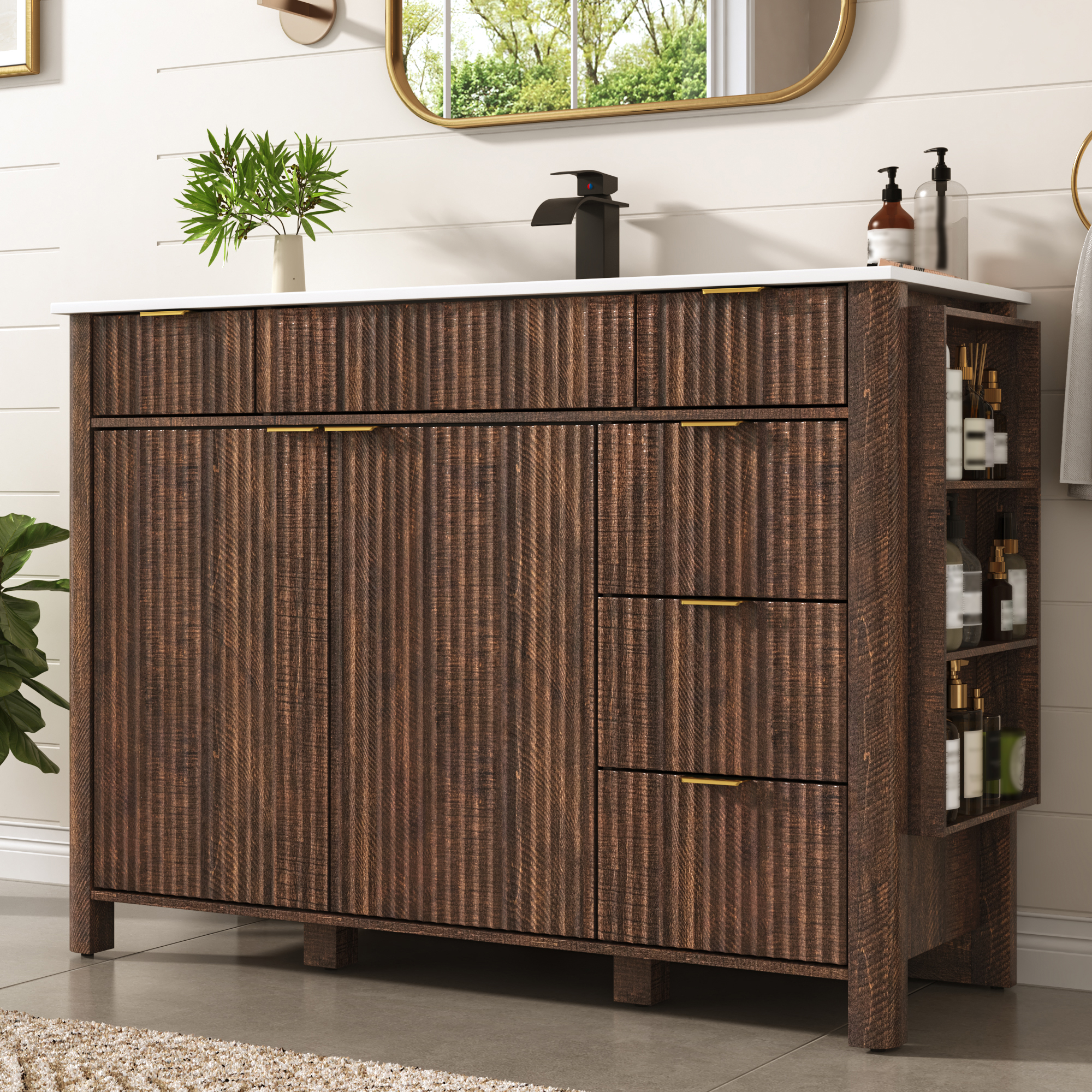 ANPOO 48" Bathroom Vanity with Sink & Faucet & Sewer Pipes, Mid-Century Modern Vanity with Basin and Fluted Soft-Close Doors, Freestanding Bath Storage Vanity Sink Combo Set