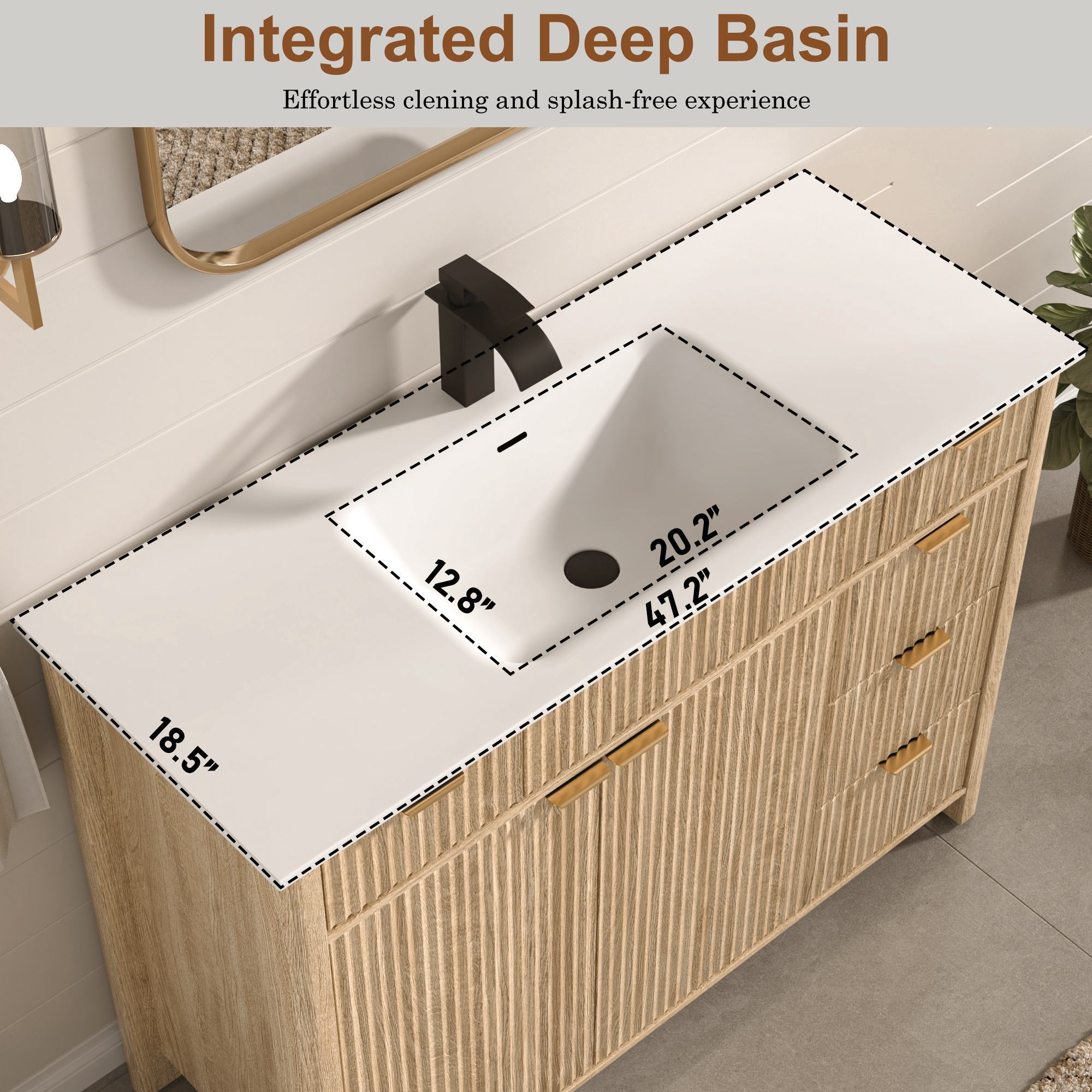 ANPOO 48" Bathroom Vanity with Sink & Faucet & Sewer Pipes, Mid-Century Modern Vanity with Basin and Fluted Soft-Close Doors, Freestanding Bath Storage Vanity Sink Combo Set