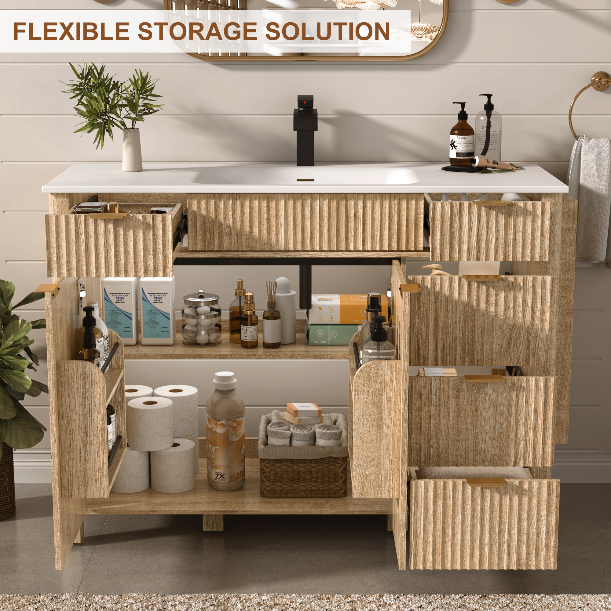 ANPOO 48" Bathroom Vanity with Sink & Faucet & Sewer Pipes, Mid-Century Modern Vanity with Basin and Fluted Soft-Close Doors, Freestanding Bath Storage Vanity Sink Combo Set