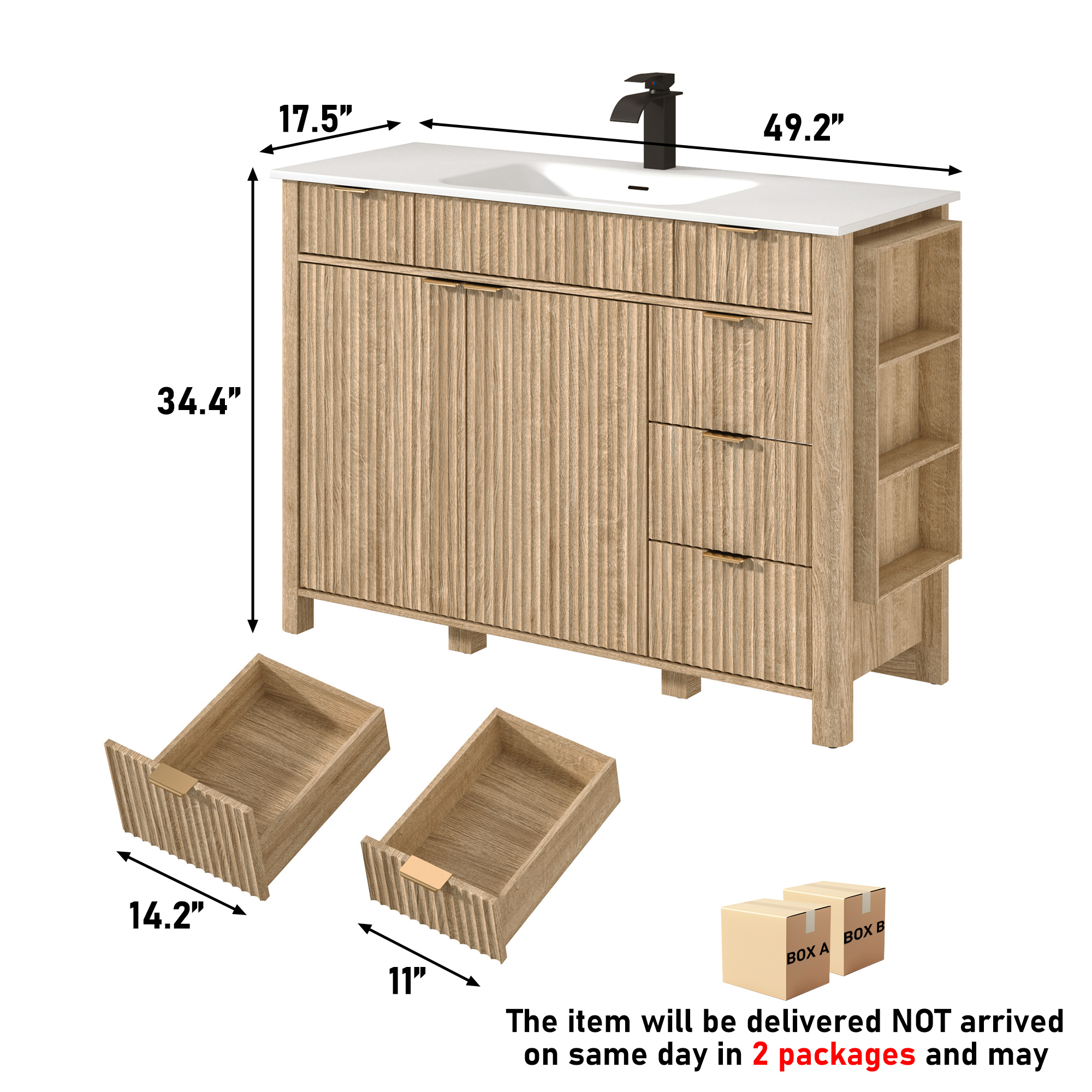 ANPOO 48" Bathroom Vanity with Sink & Faucet & Sewer Pipes, Mid-Century Modern Vanity with Basin and Fluted Soft-Close Doors, Freestanding Bath Storage Vanity Sink Combo Set