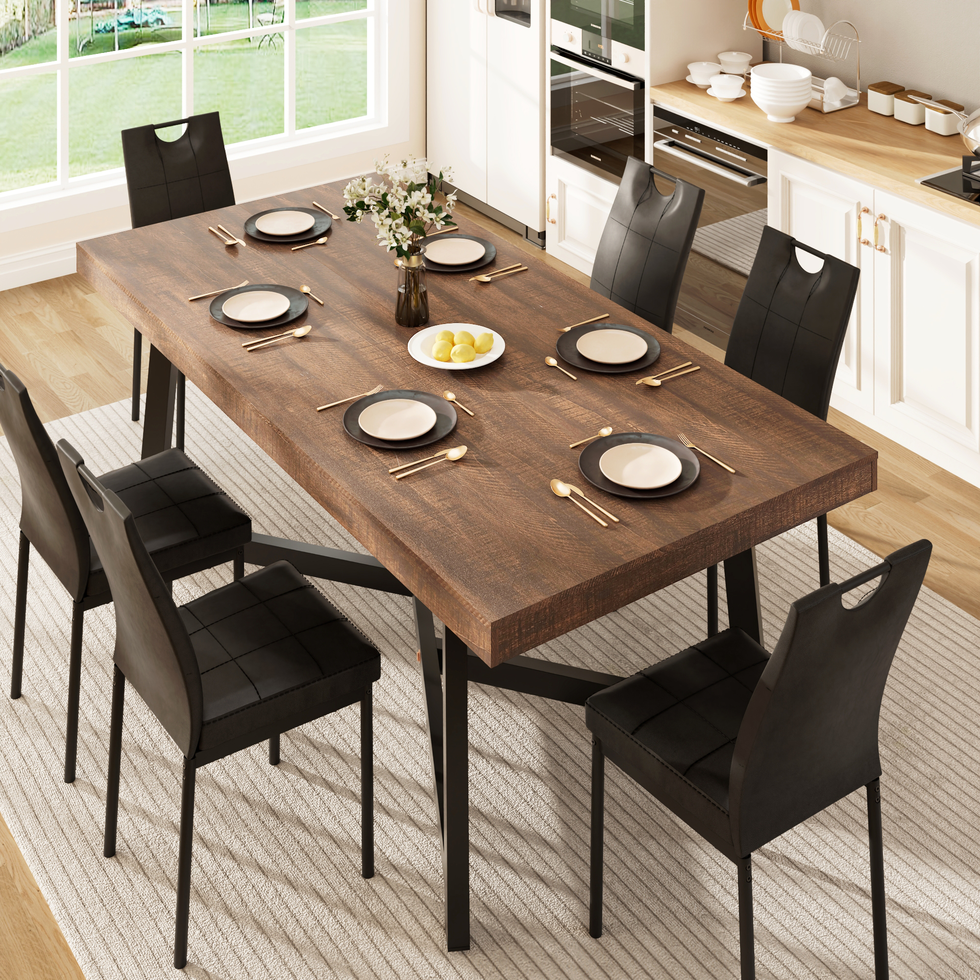 ANPOO 7 Pieces Dining Table & Chairs Set for 4-8 People, 71 Inch Kitchen Table with 6 Chairs, Rectangle Dining Table with Metal Legs for Dining Room, Living Room