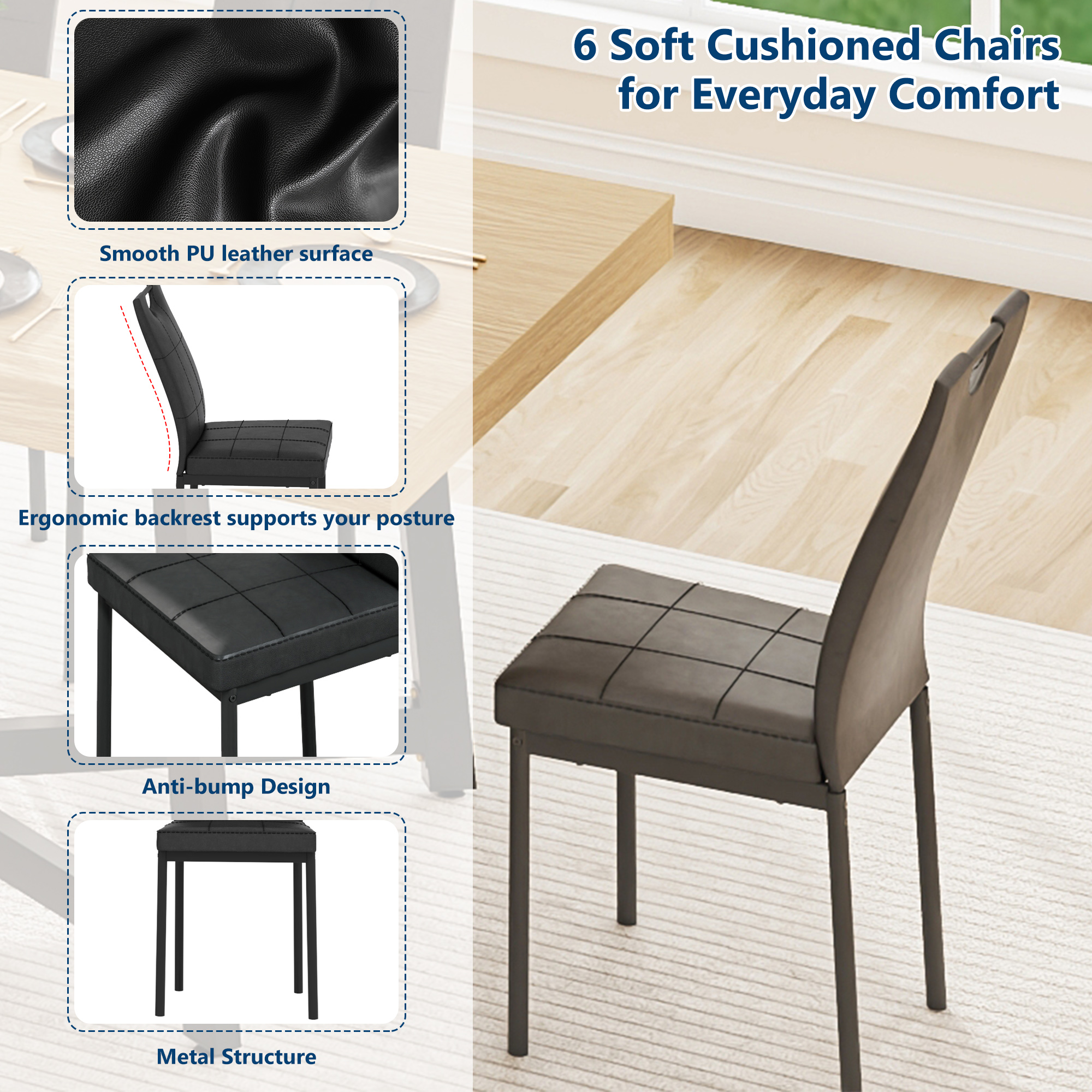 ANPOO 7 Pieces Dining Table & Chairs Set for 4-8 People, 71 Inch Kitchen Table with 6 Chairs, Rectangle Dining Table with Metal Legs for Dining Room, Living Room
