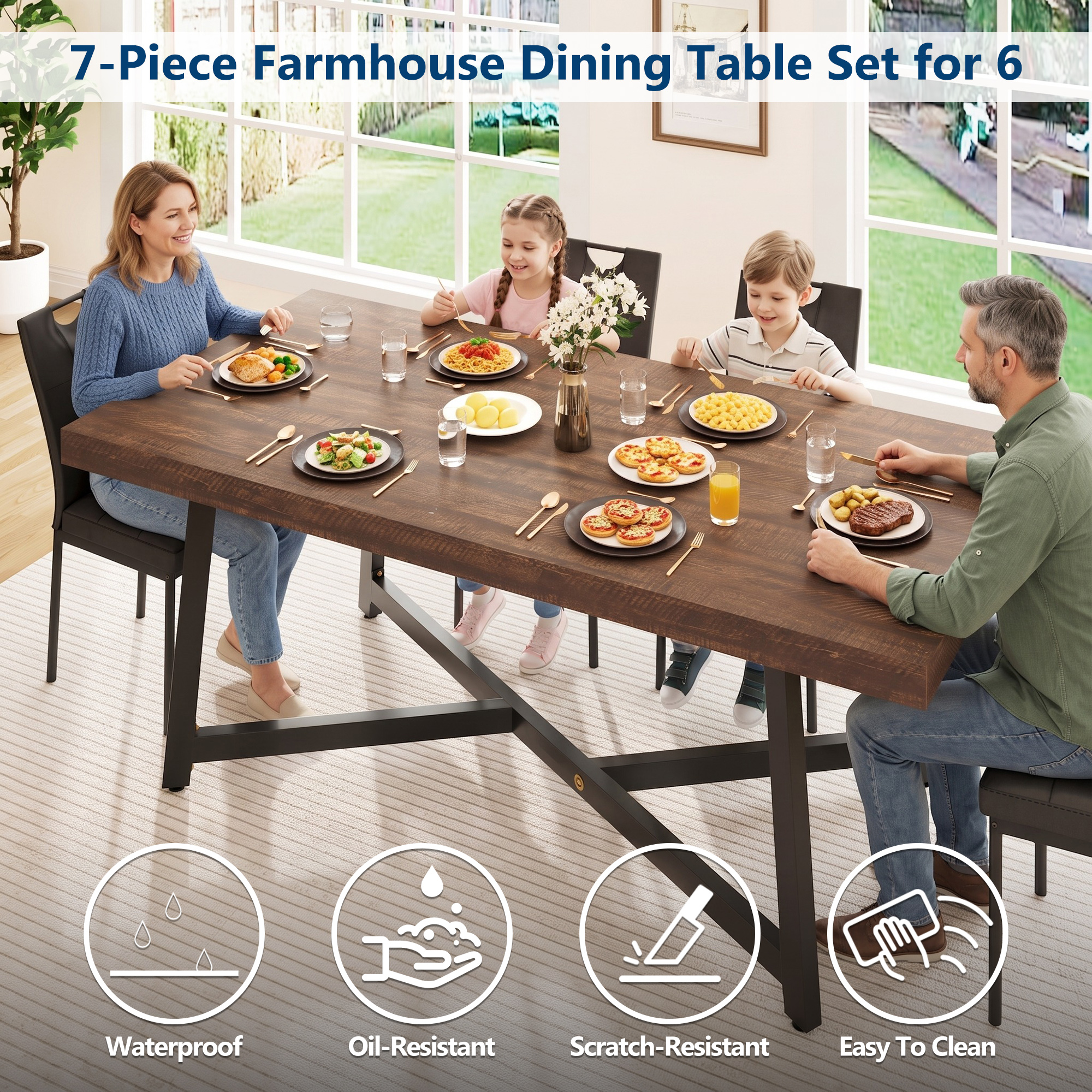 ANPOO 7 Pieces Dining Table & Chairs Set for 4-8 People, 71 Inch Kitchen Table with 6 Chairs, Rectangle Dining Table with Metal Legs for Dining Room, Living Room