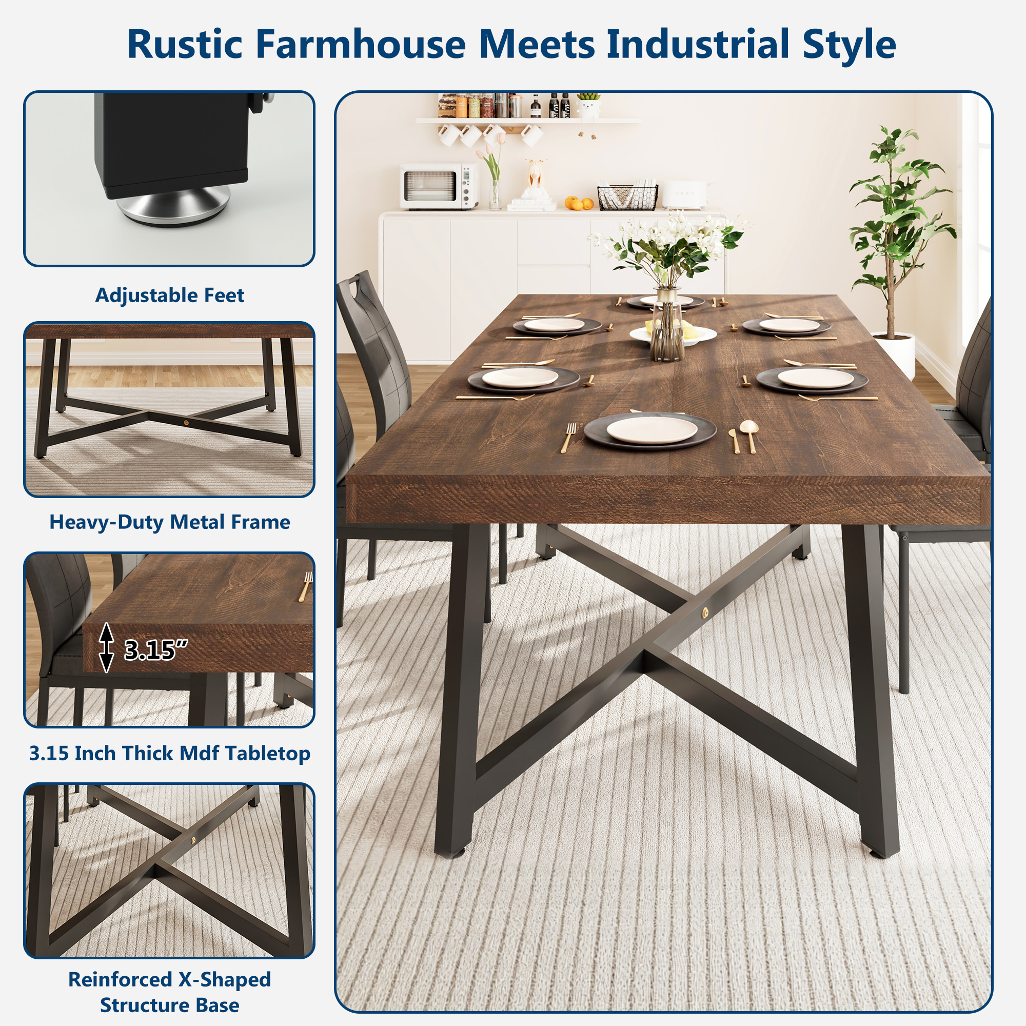ANPOO 7 Pieces Dining Table & Chairs Set for 4-8 People, 71 Inch Kitchen Table with 6 Chairs, Rectangle Dining Table with Metal Legs for Dining Room, Living Room