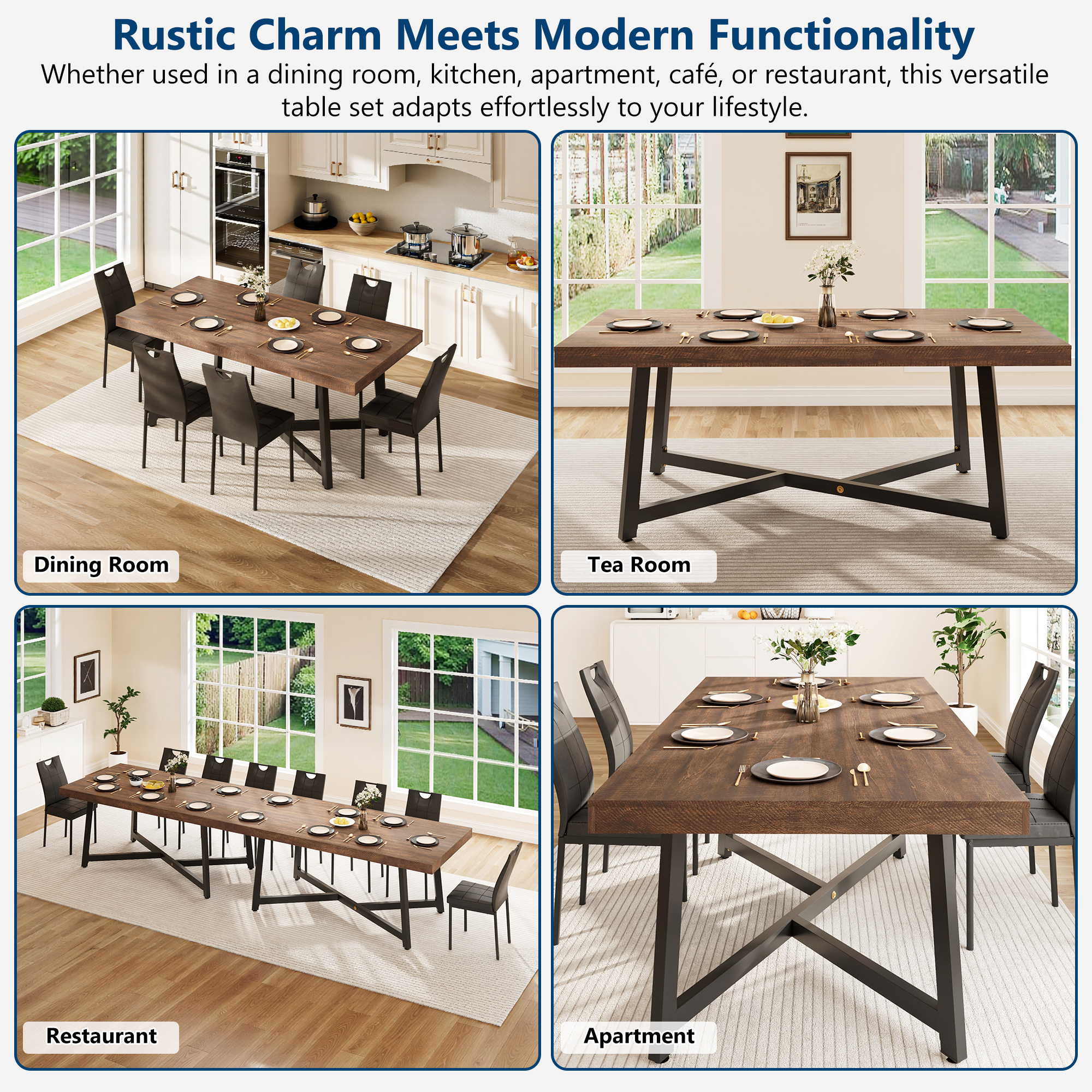 ANPOO 7 Pieces Dining Table & Chairs Set for 4-8 People, 71 Inch Kitchen Table with 6 Chairs, Rectangle Dining Table with Metal Legs for Dining Room, Living Room