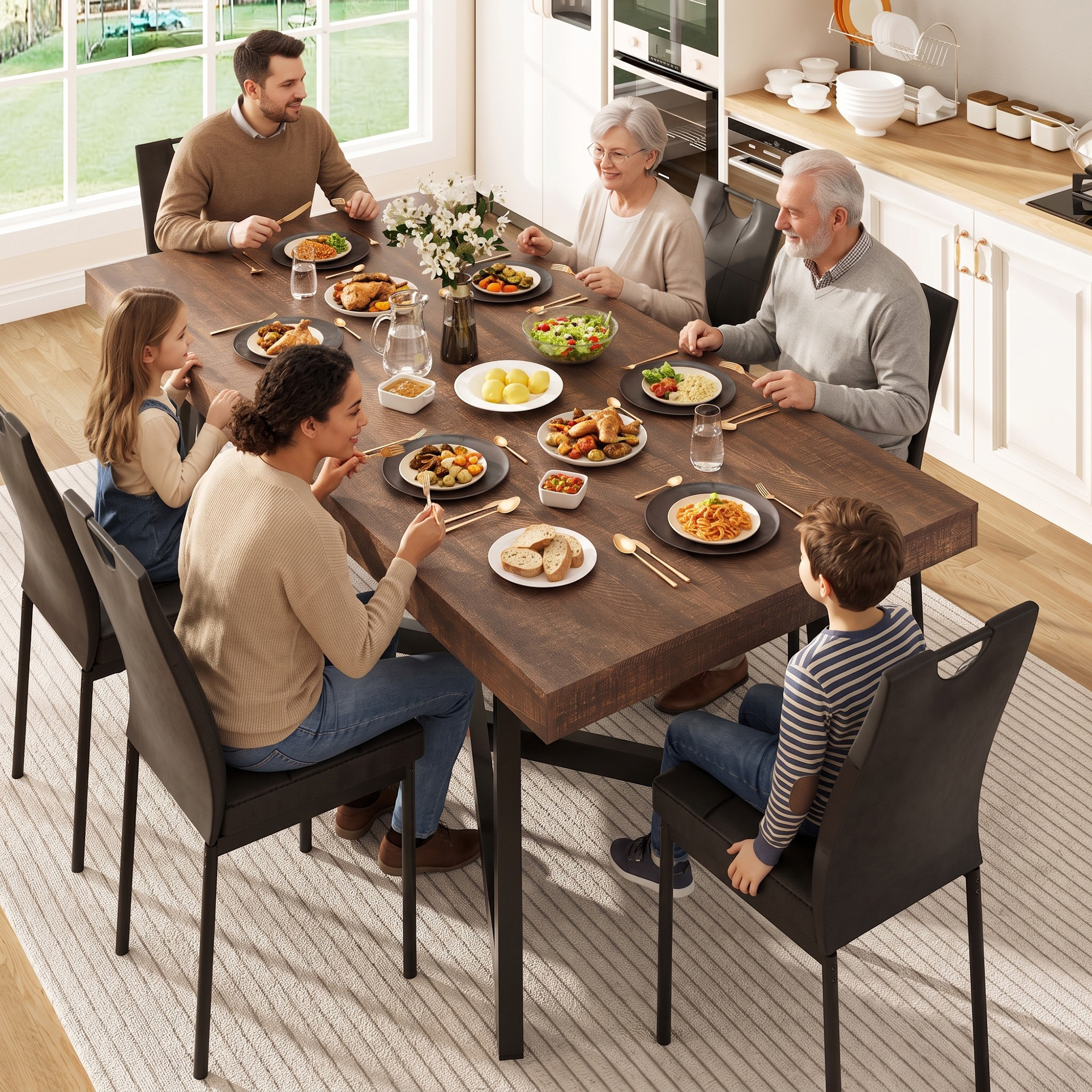 ANPOO 7 Pieces Dining Table & Chairs Set for 4-8 People, 71 Inch Kitchen Table with 6 Chairs, Rectangle Dining Table with Metal Legs for Dining Room, Living Room