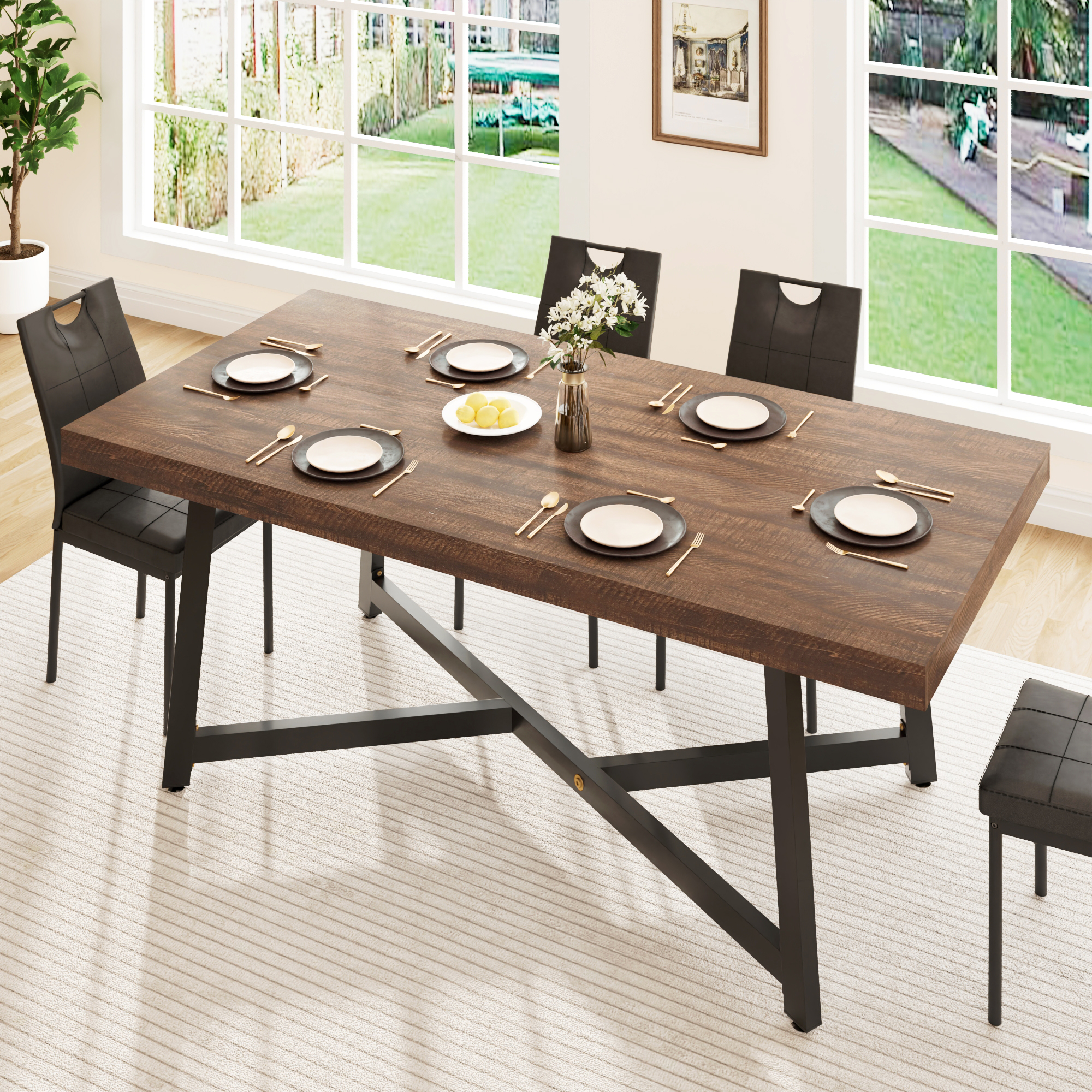 ANPOO 7 Pieces Dining Table & Chairs Set for 4-8 People, 71 Inch Kitchen Table with 6 Chairs, Rectangle Dining Table with Metal Legs for Dining Room, Living Room