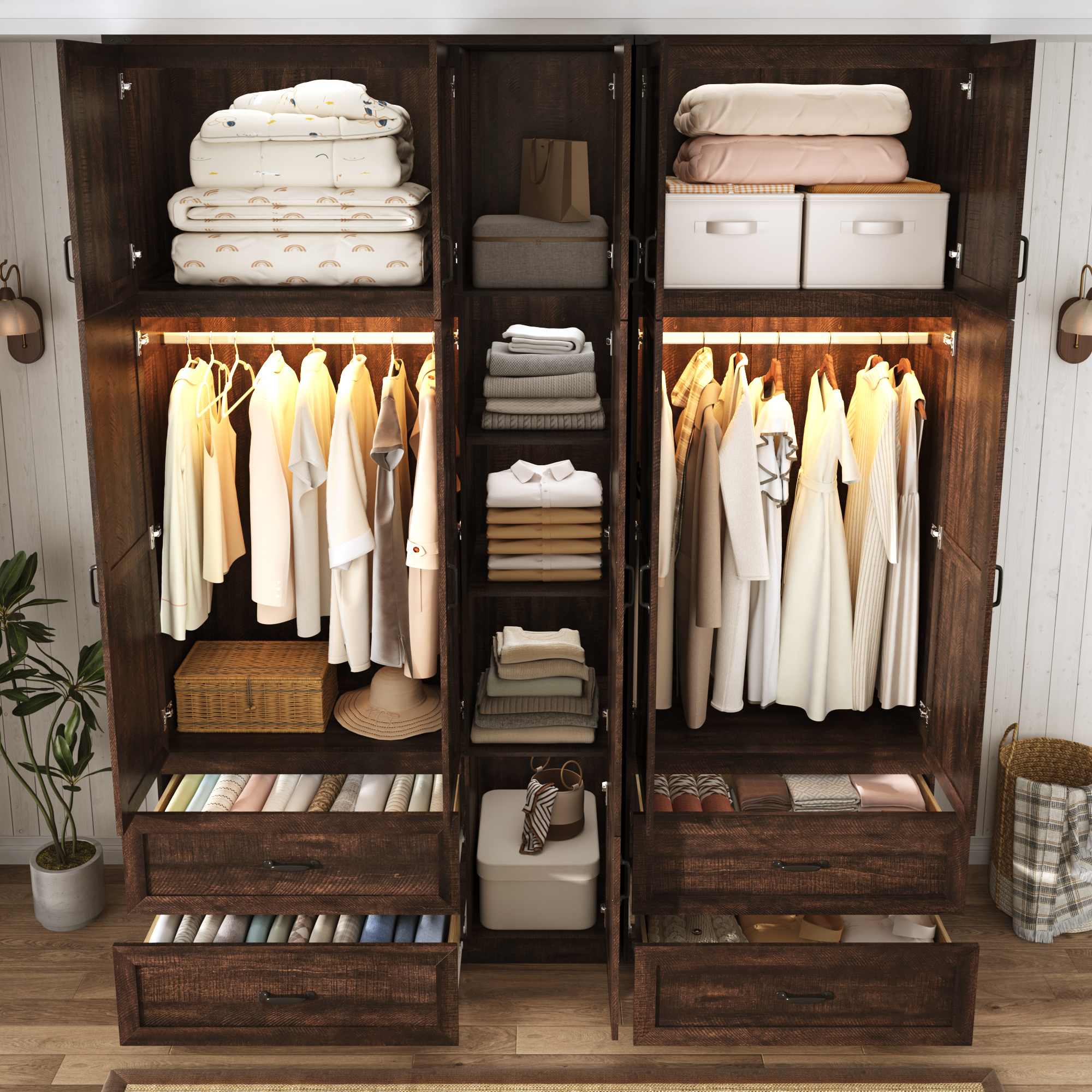 ANPOO 94''H Extra Tall Armoire Wardrobe Closet w/ Top Cabinet & 4 Drawers, Farmhouse 5 Doors Armoire Wardrobe Closet w/ Barn Door & Sensor Light, LED Wooden Large Armoire for Bedroom