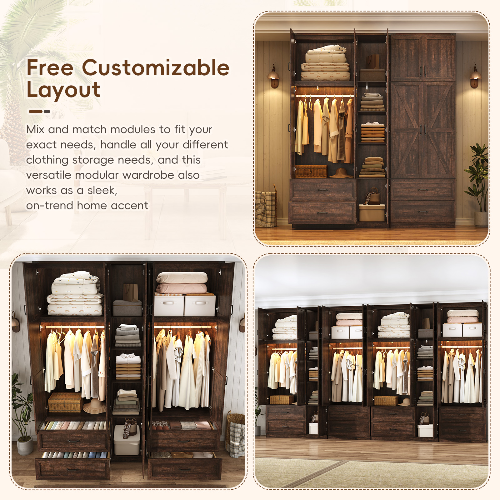 ANPOO 94''H Extra Tall Armoire Wardrobe Closet w/ Top Cabinet & 4 Drawers, Farmhouse 5 Doors Armoire Wardrobe Closet w/ Barn Door & Sensor Light, LED Wooden Large Armoire for Bedroom