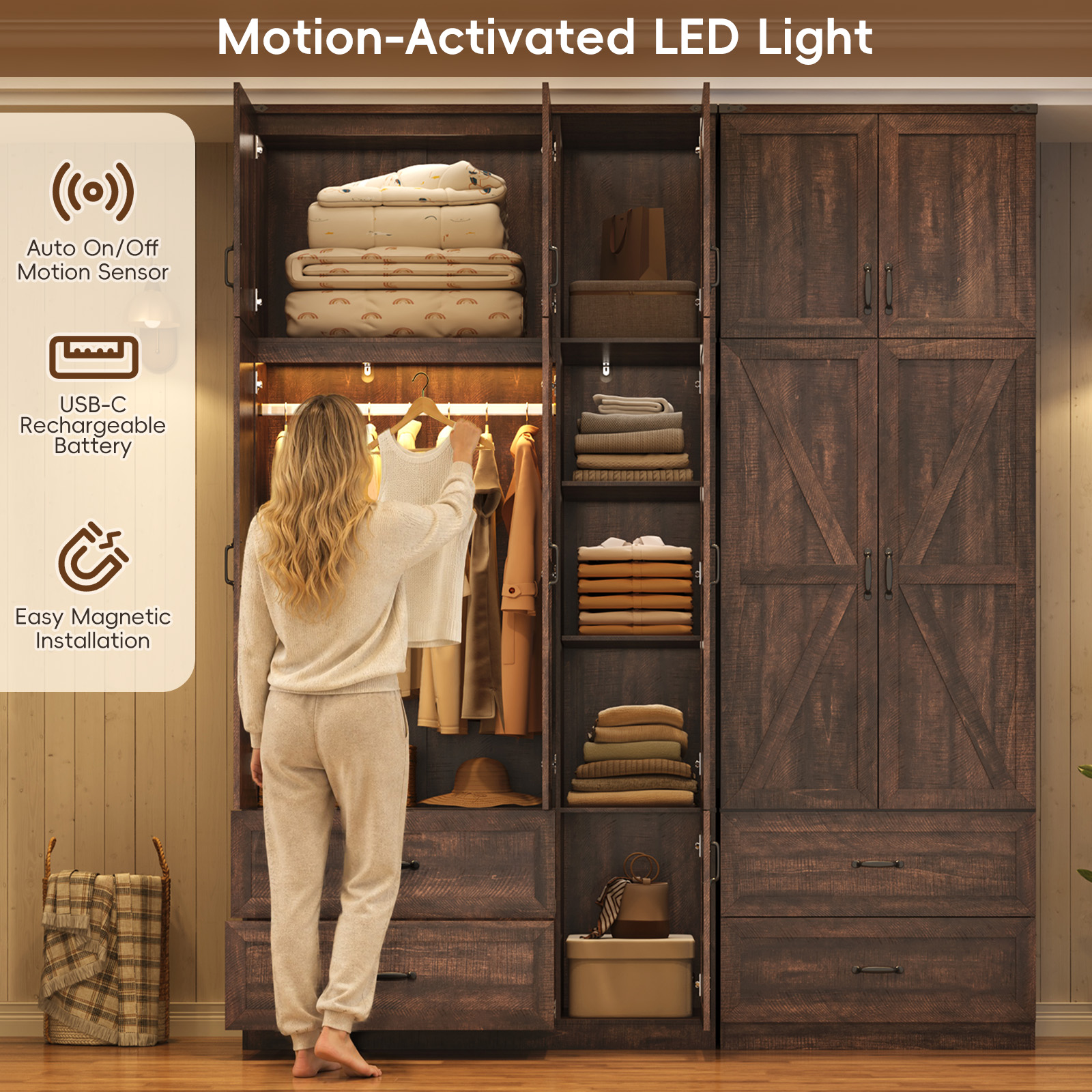 ANPOO 94''H Extra Tall Armoire Wardrobe Closet w/ Top Cabinet & 4 Drawers, Farmhouse 5 Doors Armoire Wardrobe Closet w/ Barn Door & Sensor Light, LED Wooden Large Armoire for Bedroom