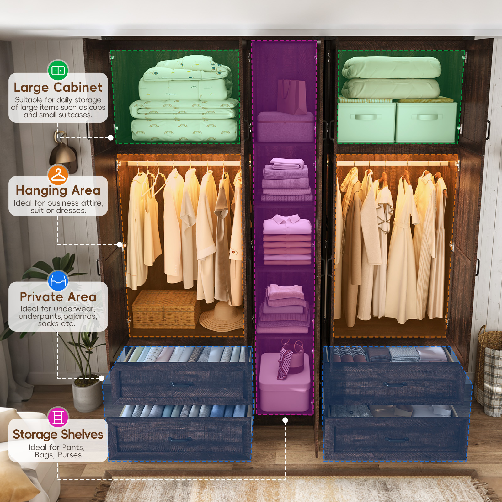 ANPOO 94''H Extra Tall Armoire Wardrobe Closet w/ Top Cabinet & 4 Drawers, Farmhouse 5 Doors Armoire Wardrobe Closet w/ Barn Door & Sensor Light, LED Wooden Large Armoire for Bedroom