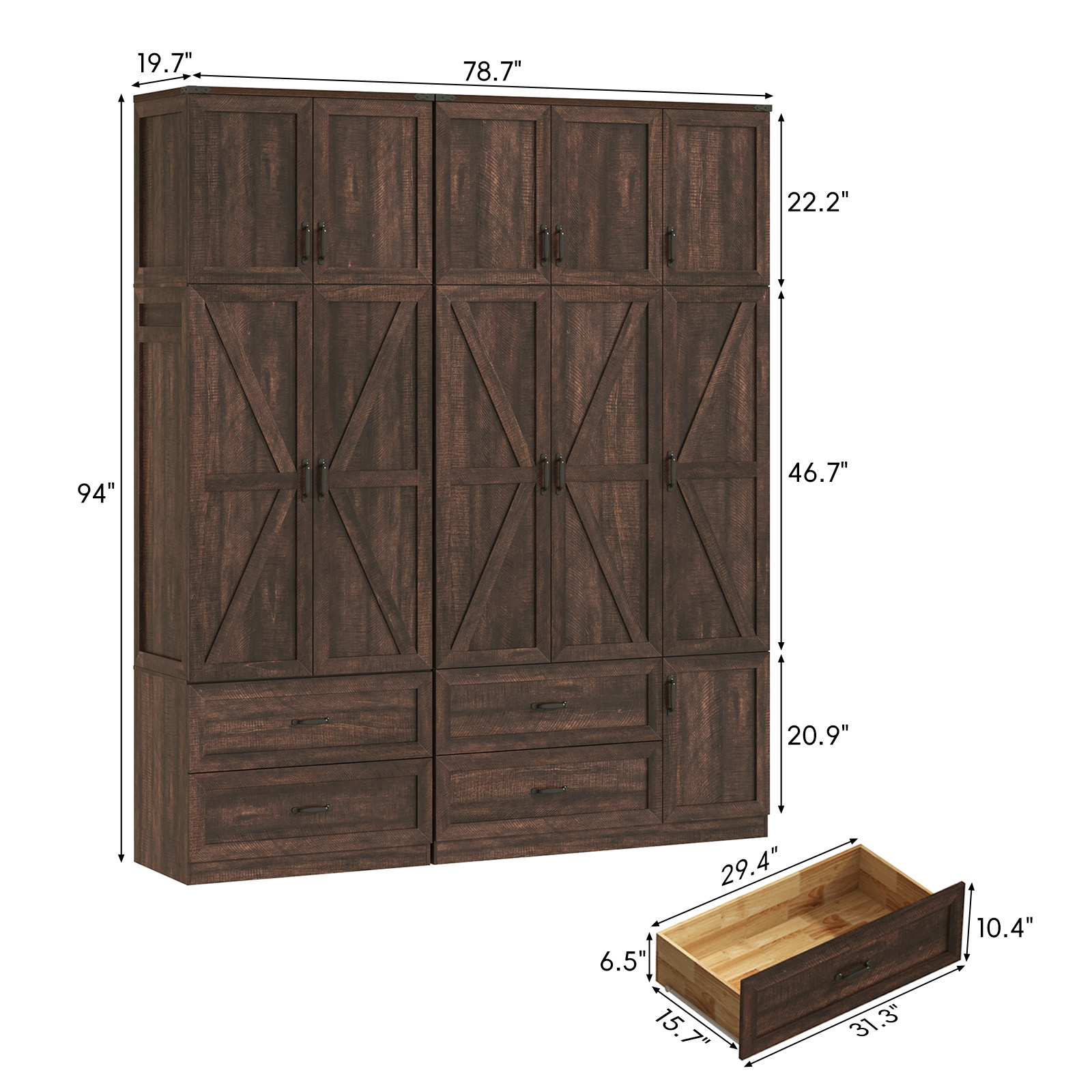 ANPOO 94''H Extra Tall Armoire Wardrobe Closet w/ Top Cabinet & 4 Drawers, Farmhouse 5 Doors Armoire Wardrobe Closet w/ Barn Door & Sensor Light, LED Wooden Large Armoire for Bedroom