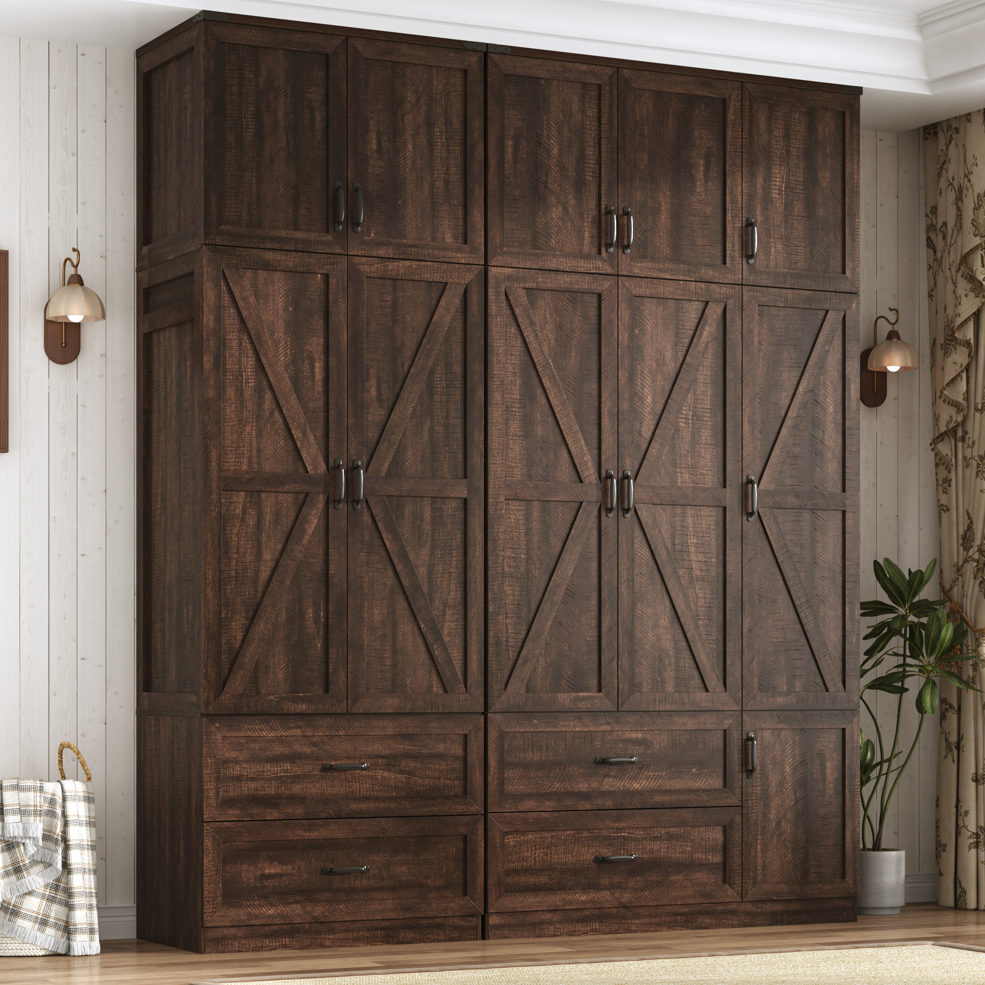 ANPOO 94''H Extra Tall Armoire Wardrobe Closet w/ Top Cabinet & 4 Drawers, Farmhouse 5 Doors Armoire Wardrobe Closet w/ Barn Door & Sensor Light, LED Wooden Large Armoire for Bedroom
