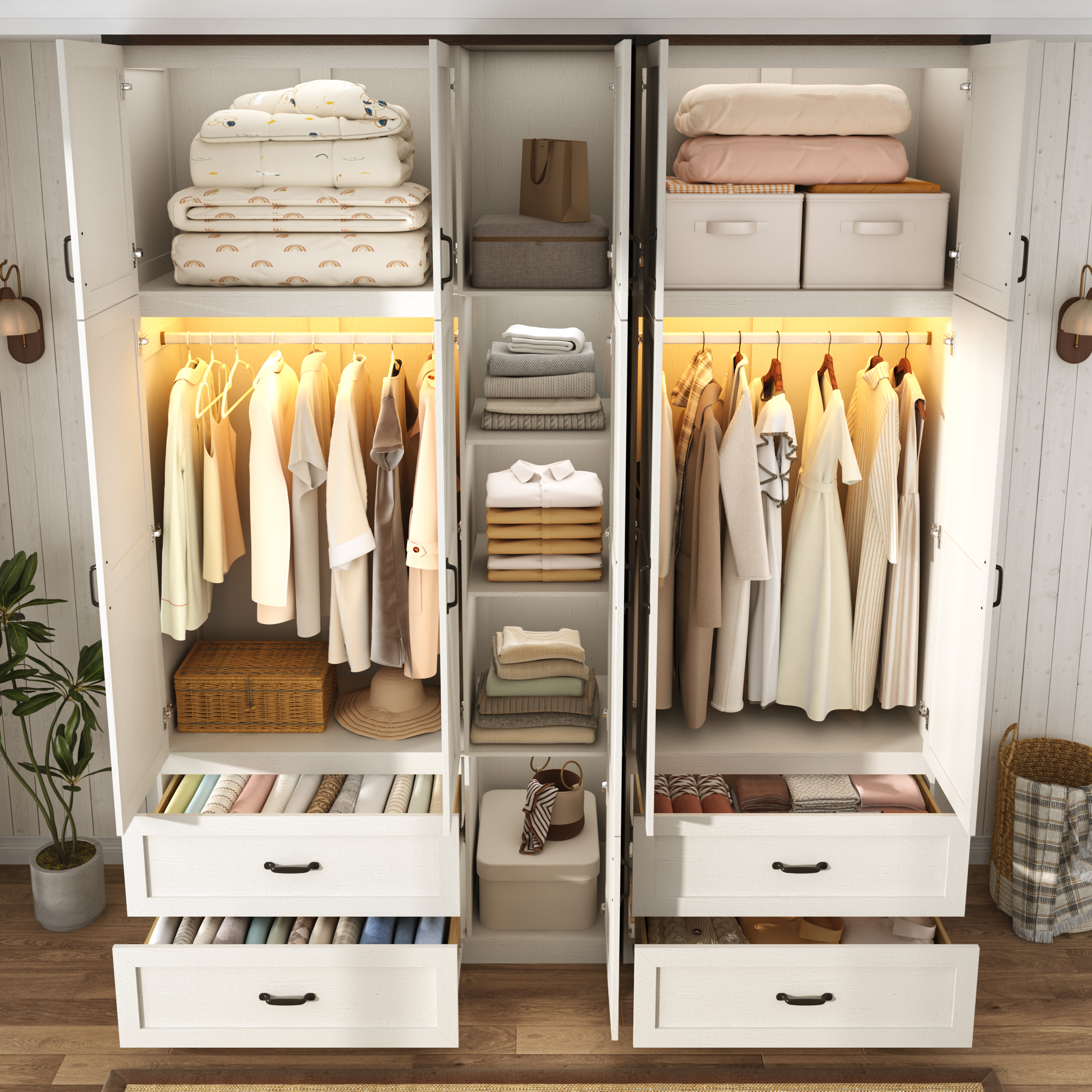 ANPOO 94''H Extra Tall Armoire Wardrobe Closet w/ Top Cabinet & 4 Drawers, Farmhouse 5 Doors Armoire Wardrobe Closet w/ Barn Door & Sensor Light, LED Wooden Large Armoire for Bedroom