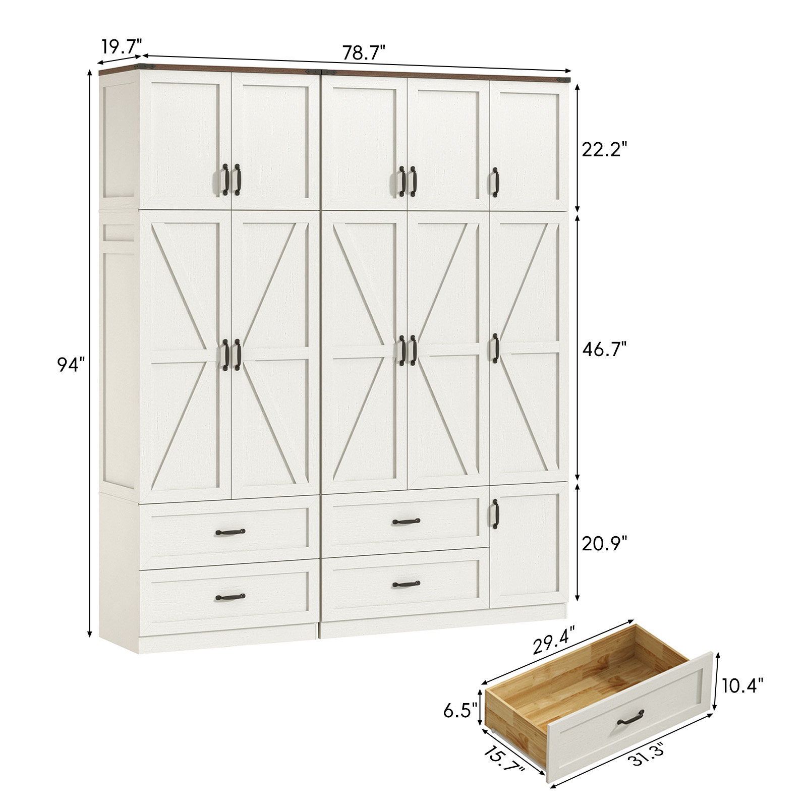 ANPOO 94''H Extra Tall Armoire Wardrobe Closet w/ Top Cabinet & 4 Drawers, Farmhouse 5 Doors Armoire Wardrobe Closet w/ Barn Door & Sensor Light, LED Wooden Large Armoire for Bedroom