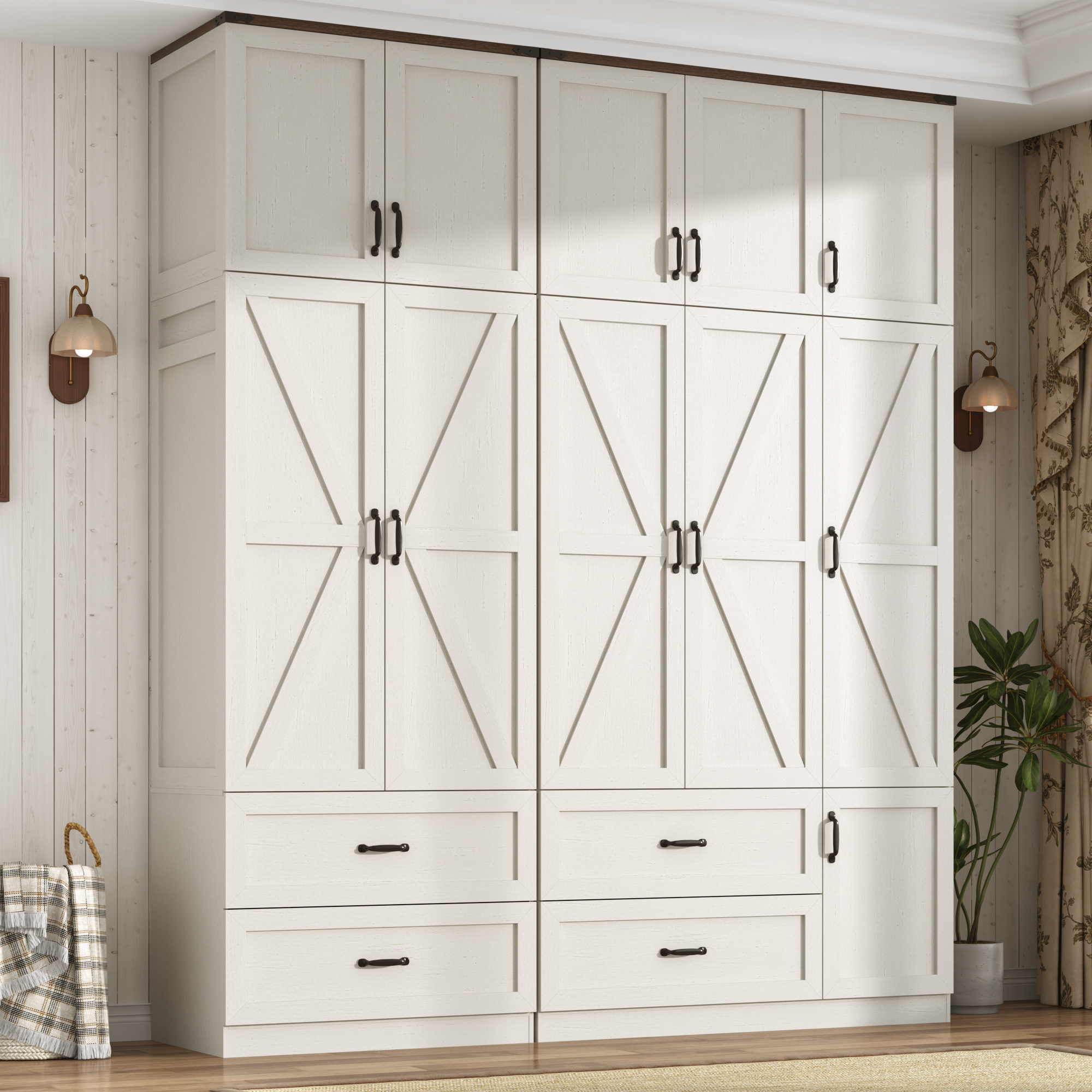 ANPOO 94''H Extra Tall Armoire Wardrobe Closet w/ Top Cabinet & 4 Drawers, Farmhouse 5 Doors Armoire Wardrobe Closet w/ Barn Door & Sensor Light, LED Wooden Large Armoire for Bedroom