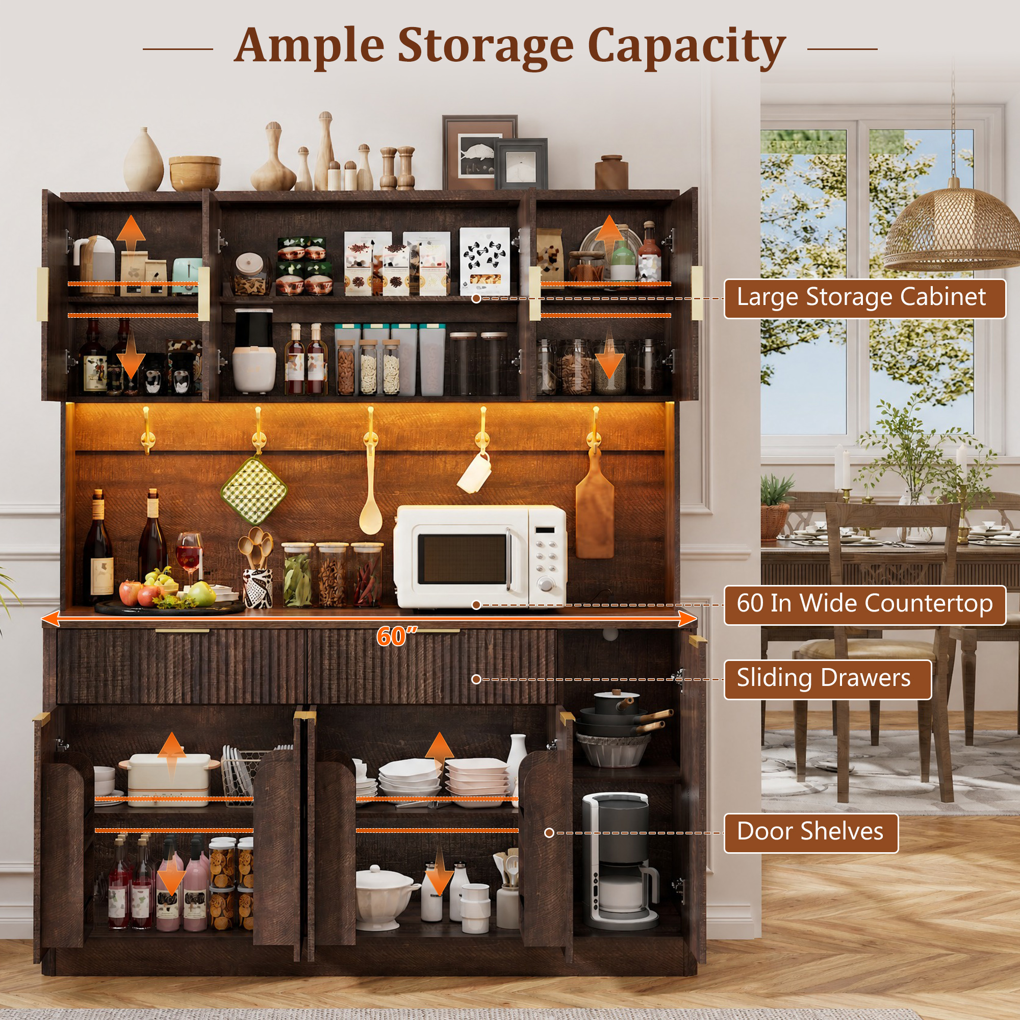 ANPOO 58.7 Inch Fluted Sideboard Buffet Cabinet with LED Light & Power Outlet, Tall Kitchen Storage Hutch with 2 Drawers & 8 Doors, Coffee Bar Cabinet for Dining Room