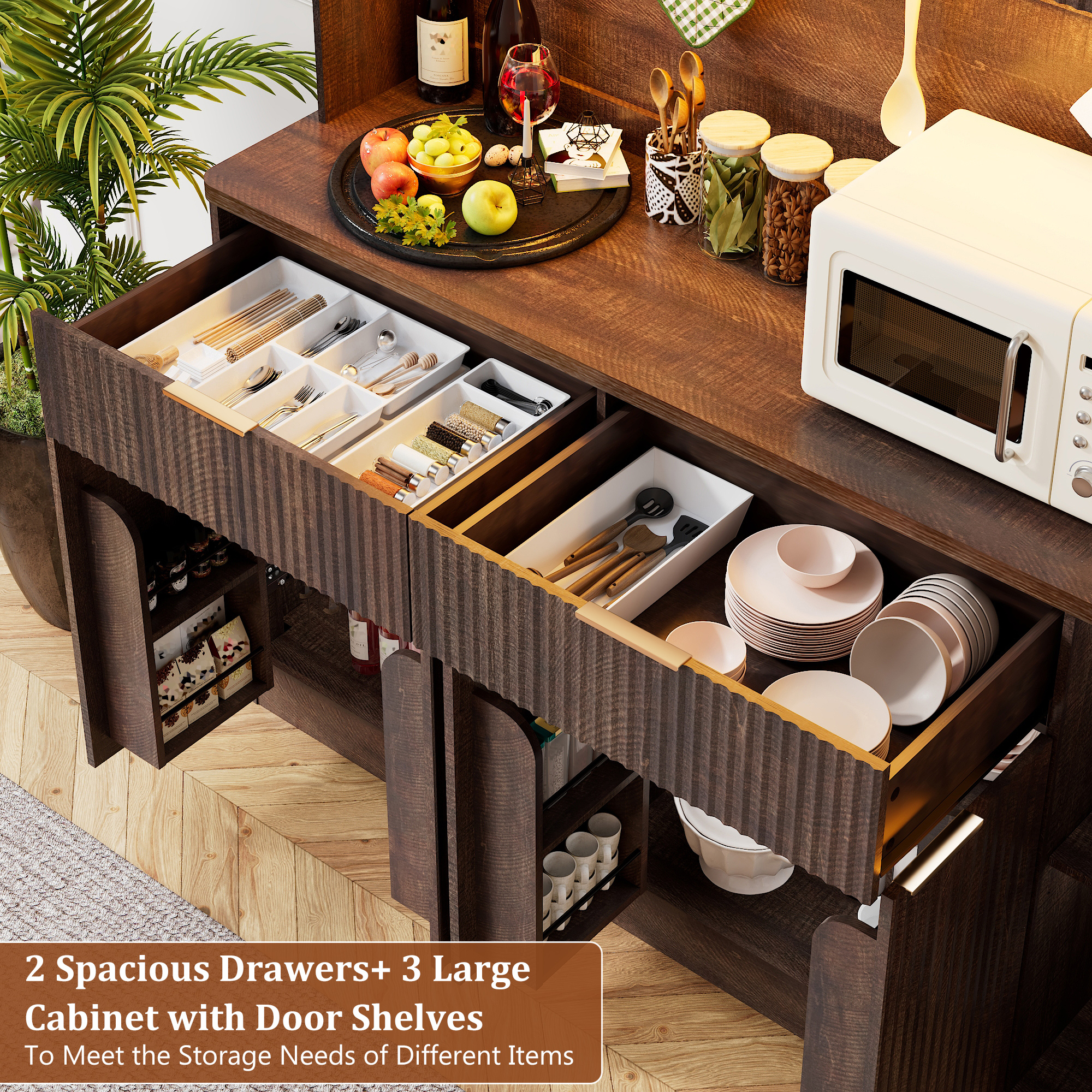 ANPOO 58.7 Inch Fluted Sideboard Buffet Cabinet with LED Light & Power Outlet, Tall Kitchen Storage Hutch with 2 Drawers & 8 Doors, Coffee Bar Cabinet for Dining Room