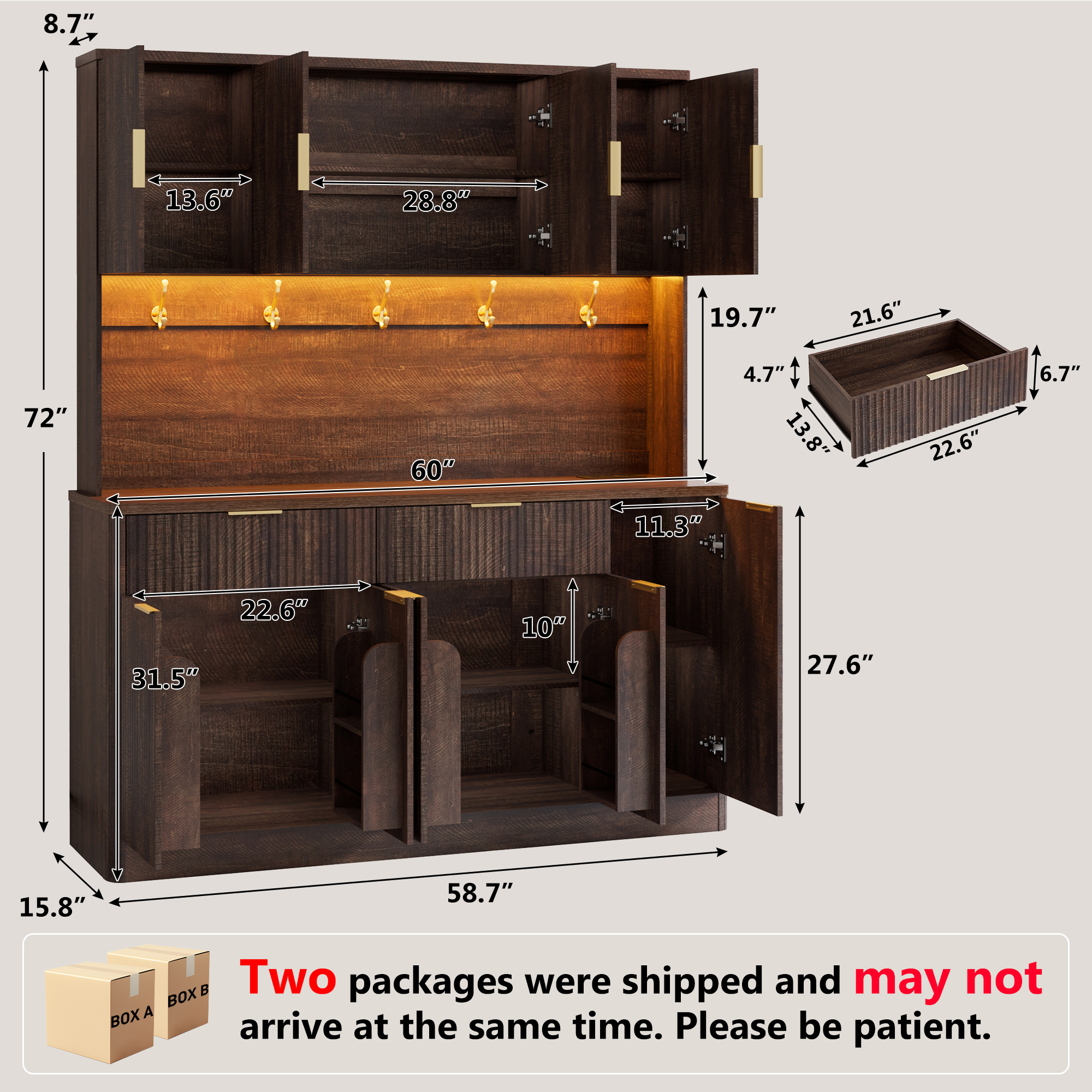 ANPOO 58.7 Inch Fluted Sideboard Buffet Cabinet with LED Light & Power Outlet, Tall Kitchen Storage Hutch with 2 Drawers & 8 Doors, Coffee Bar Cabinet for Dining Room