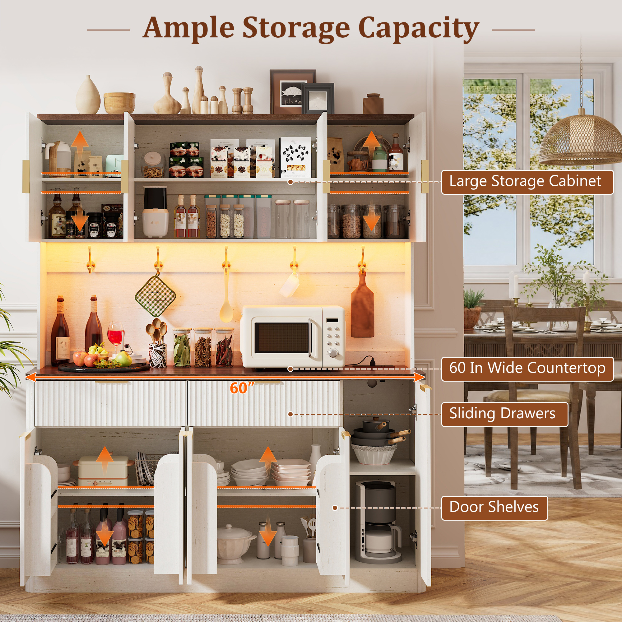 ANPOO 58.7 Inch Fluted Sideboard Buffet Cabinet with LED Light & Power Outlet, Tall Kitchen Storage Hutch with 2 Drawers & 8 Doors, Coffee Bar Cabinet for Dining Room