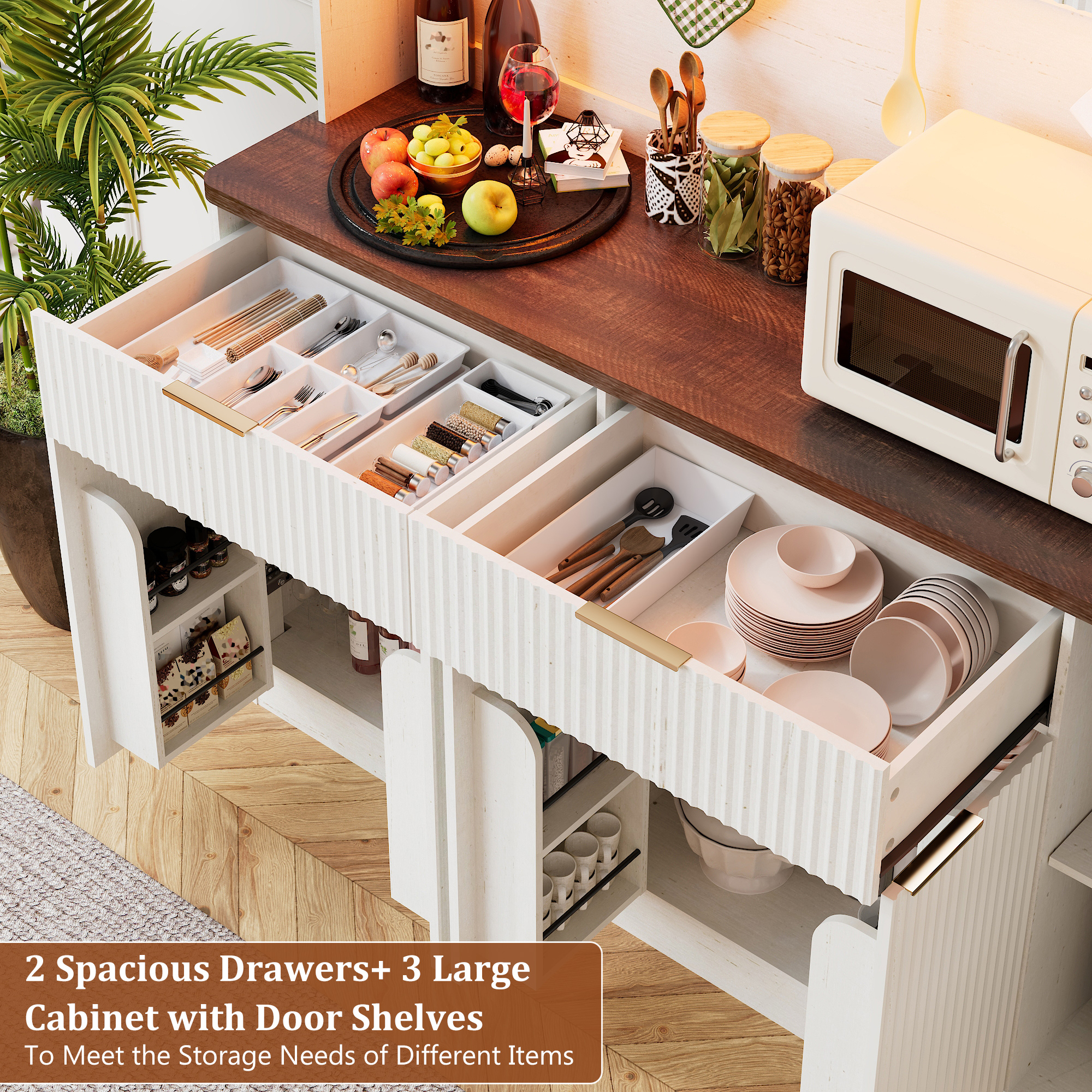 ANPOO 58.7 Inch Fluted Sideboard Buffet Cabinet with LED Light & Power Outlet, Tall Kitchen Storage Hutch with 2 Drawers & 8 Doors, Coffee Bar Cabinet for Dining Room