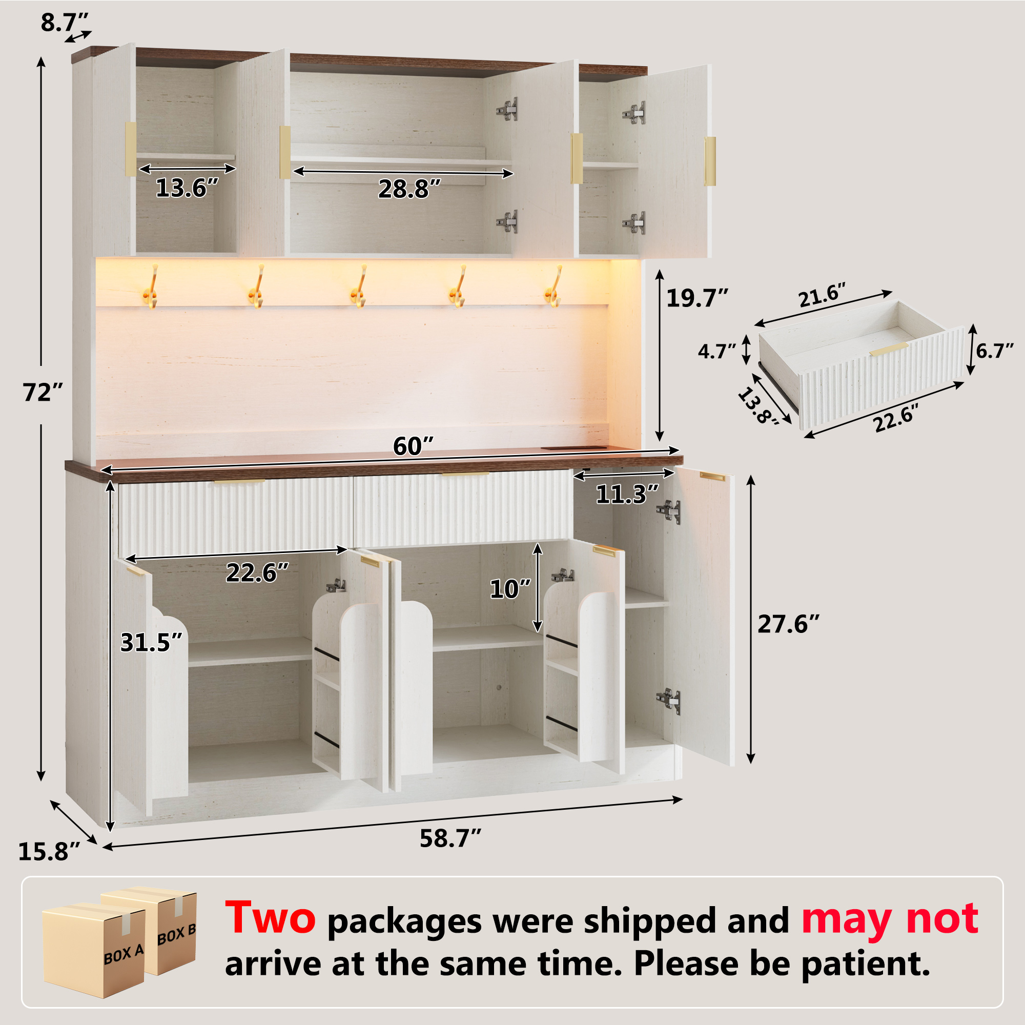 ANPOO 58.7 Inch Fluted Sideboard Buffet Cabinet with LED Light & Power Outlet, Tall Kitchen Storage Hutch with 2 Drawers & 8 Doors, Coffee Bar Cabinet for Dining Room