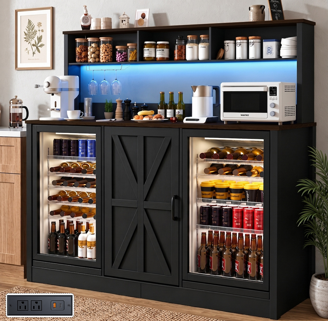 ANPOO 63"W Farmhouse Bar Cabinet w/ 2 Fridge Space, 58"H Coffee Bar Cabinet w/ Power Outlet, LED Light & Adjustable Shelves, Wine Bar Cabinet w/ Storage Hutch for Kitchen, Dining Room