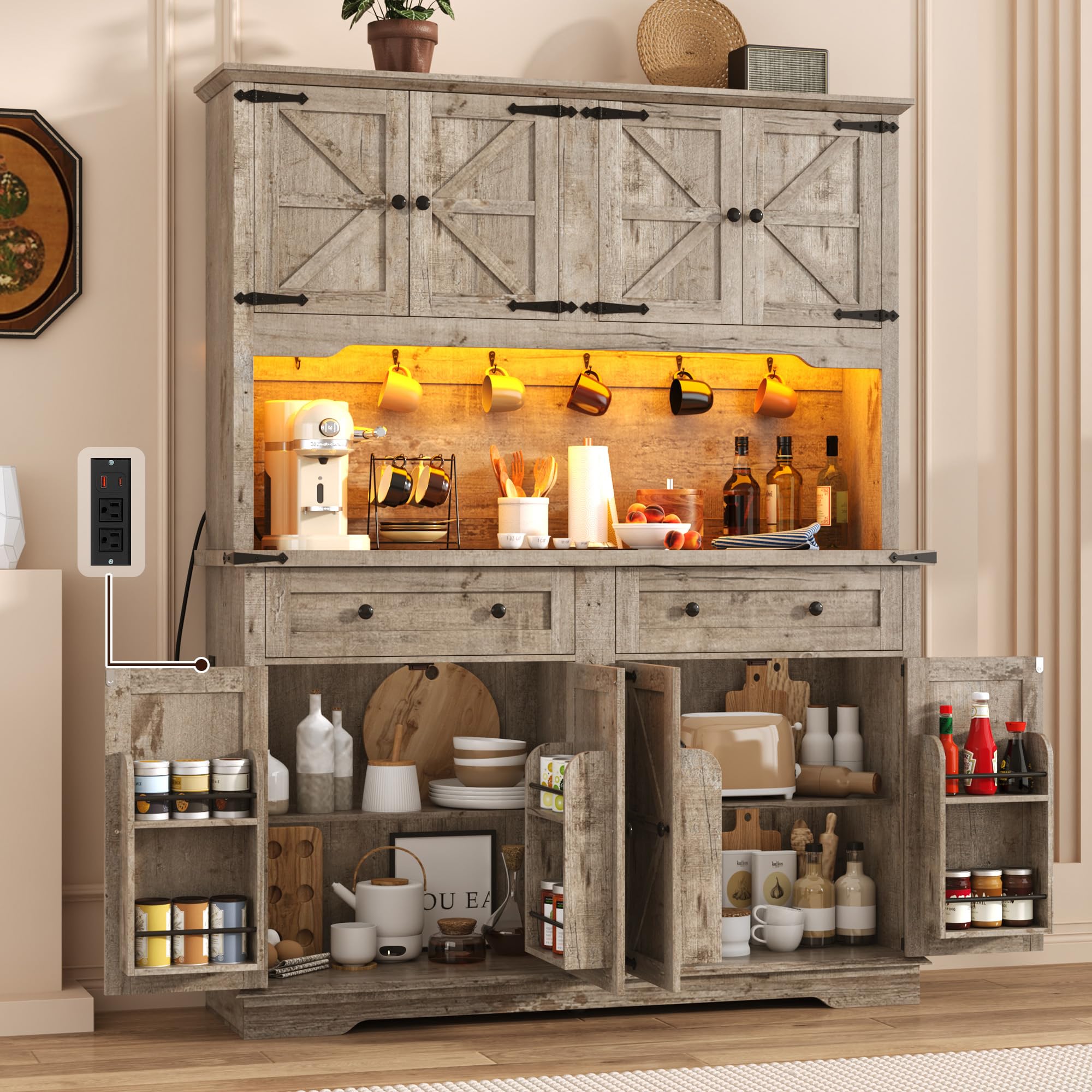 ANPOO 71" Tall Farmhouse Kitchen Pantry Cabinet with LED Light, Power Outlet & 8 Doors with Door-mounted Storage, Large Freestanding Storage Hutch with Open Countertop for Dining Room, Living Room