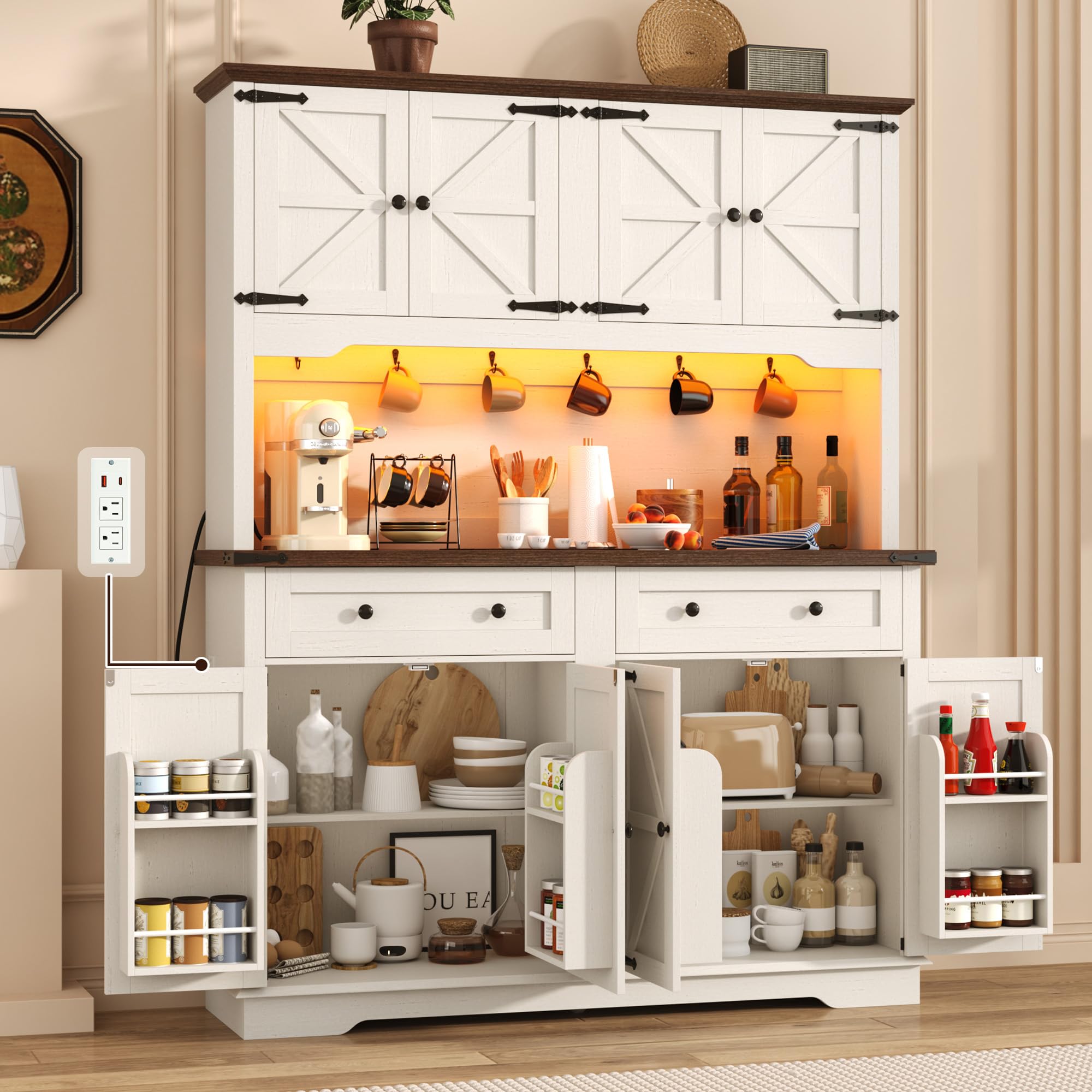 ANPOO 71" Tall Farmhouse Kitchen Pantry Cabinet with LED Light, Power Outlet & 8 Doors with Door-mounted Storage, Large Freestanding Storage Hutch with Open Countertop for Dining Room, Living Room