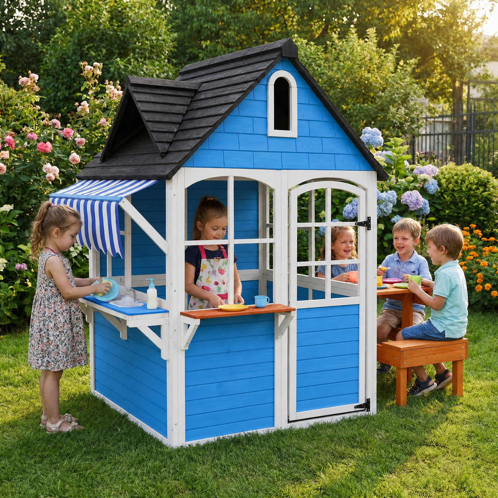 ANPOO Outdoor Wooden Kids Playhouse, Large Play House with Bench/Table/Kitchen/Flower Pot Holders/Toys, Outdoor Play Toy Gift for Ages 3+