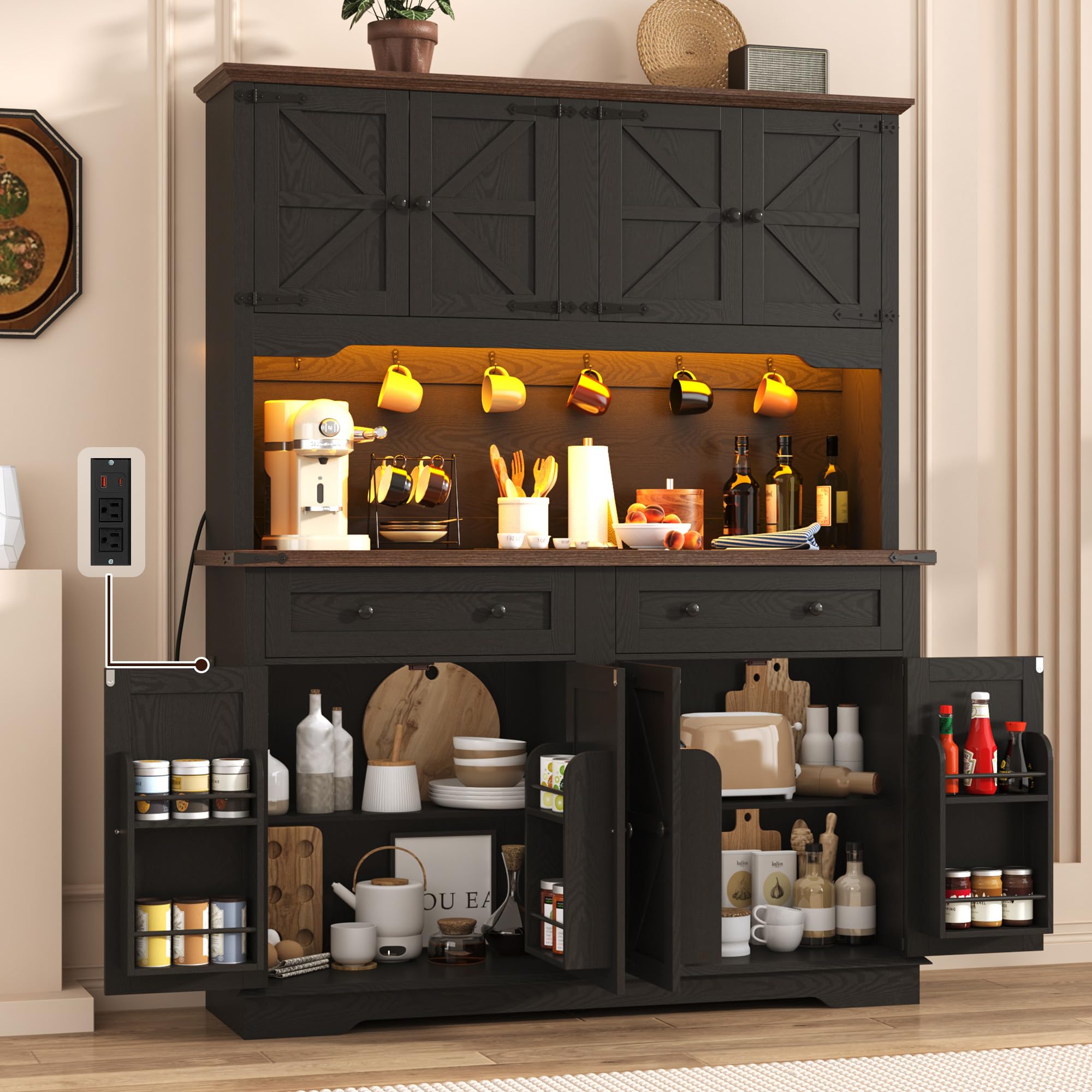 ANPOO 71" Tall Farmhouse Kitchen Pantry Cabinet with LED Light, Power Outlet & 8 Doors with Door-mounted Storage, Large Freestanding Storage Hutch with Open Countertop for Dining Room, Living Room