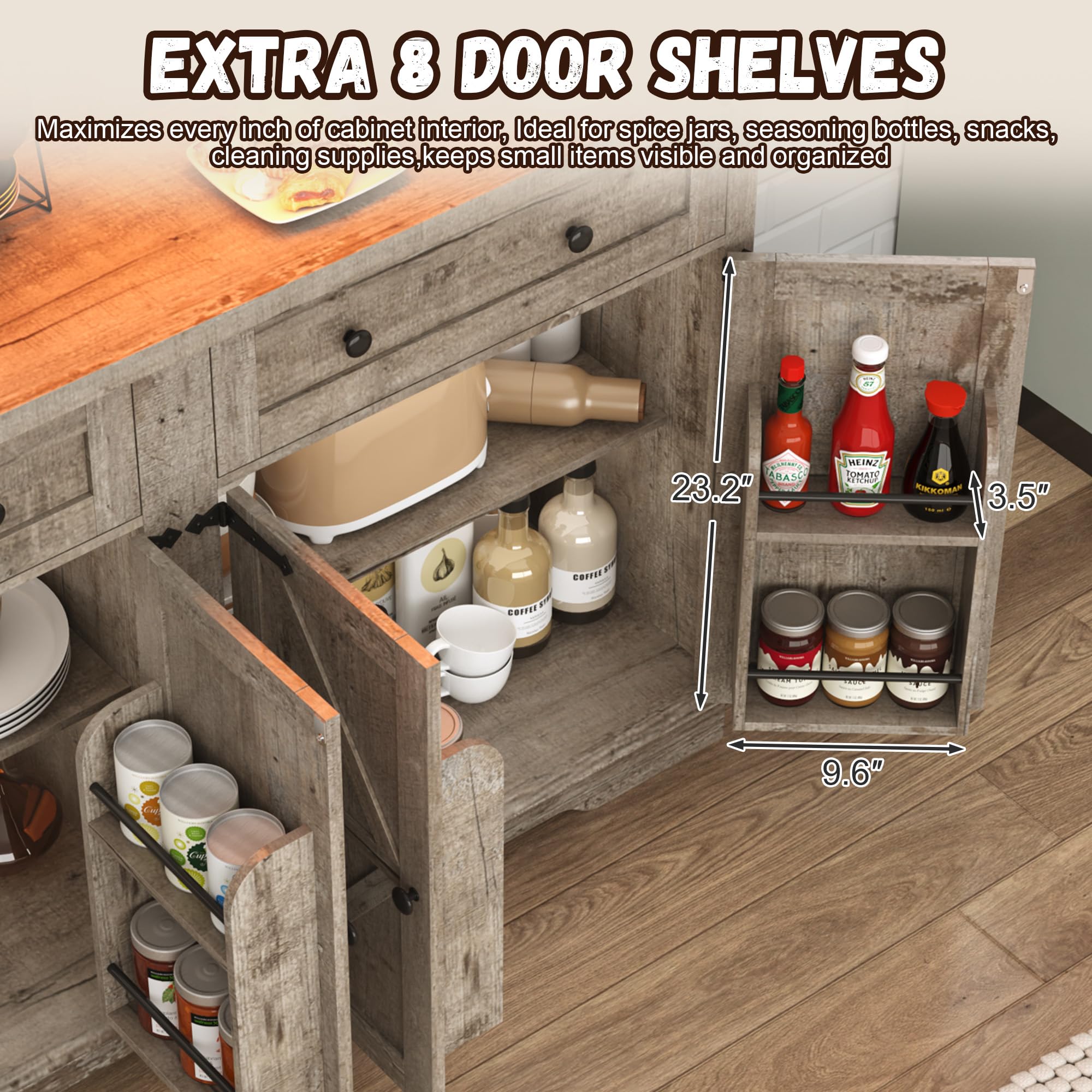 ANPOO 71" Tall Farmhouse Kitchen Pantry Cabinet with LED Light, Power Outlet & 8 Doors with Door-mounted Storage, Large Freestanding Storage Hutch with Open Countertop for Dining Room, Living Room