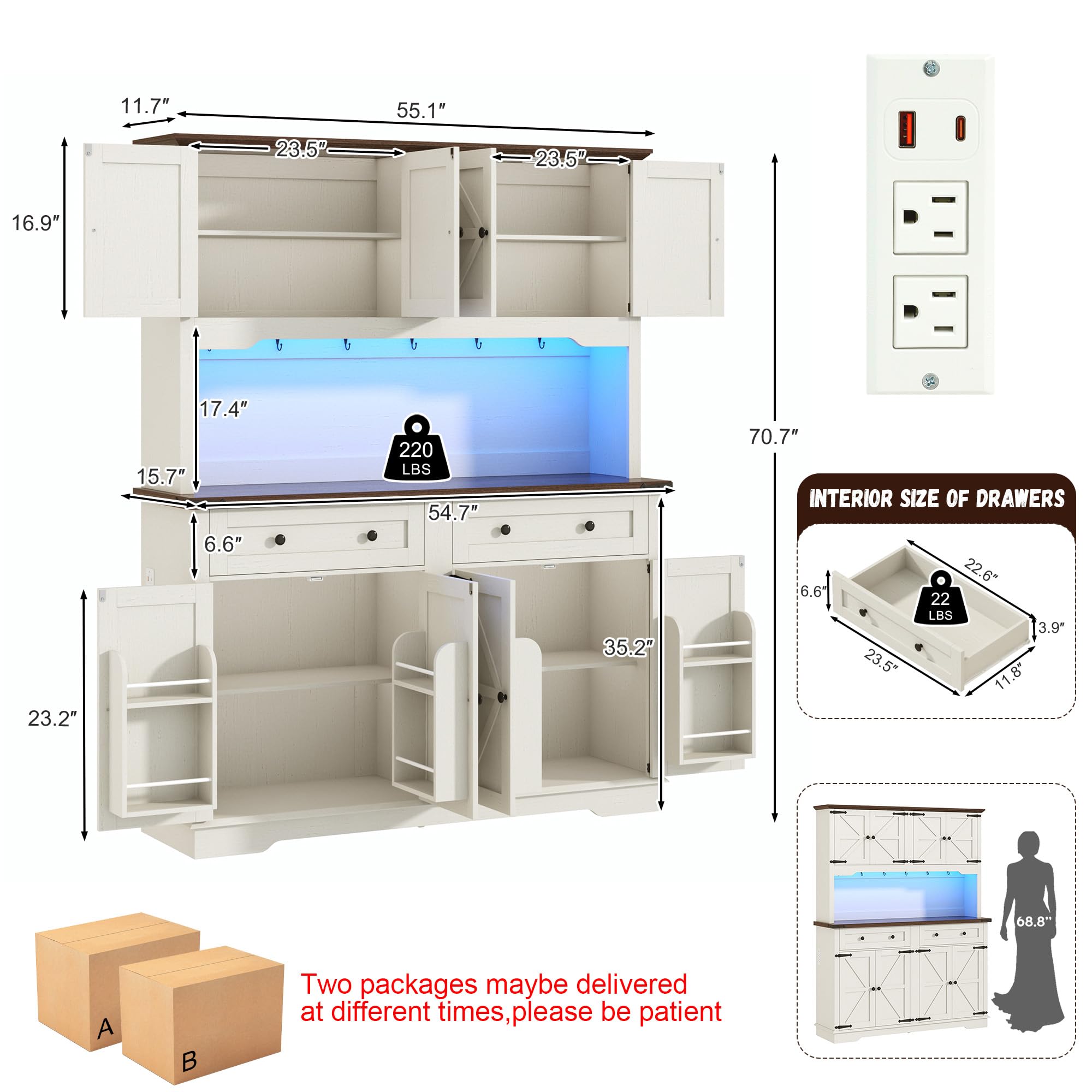 ANPOO 71" Tall Farmhouse Kitchen Pantry Cabinet with LED Light, Power Outlet & 8 Doors with Door-mounted Storage, Large Freestanding Storage Hutch with Open Countertop for Dining Room, Living Room
