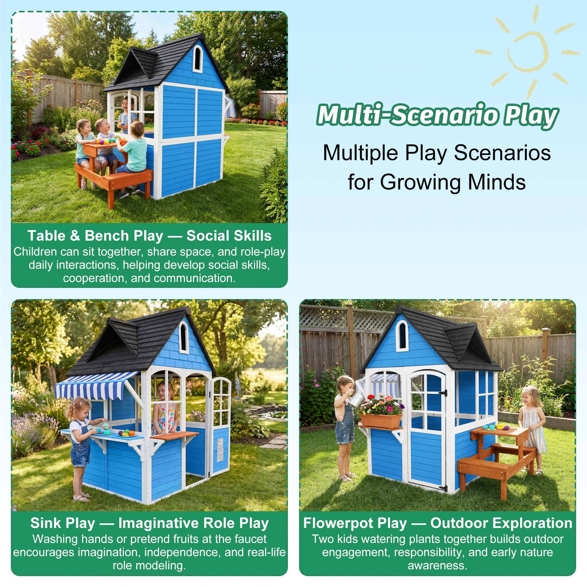ANPOO Outdoor Wooden Kids Playhouse, Large Play House with Bench/Table/Kitchen/Flower Pot Holders/Toys, Outdoor Play Toy Gift for Ages 3+