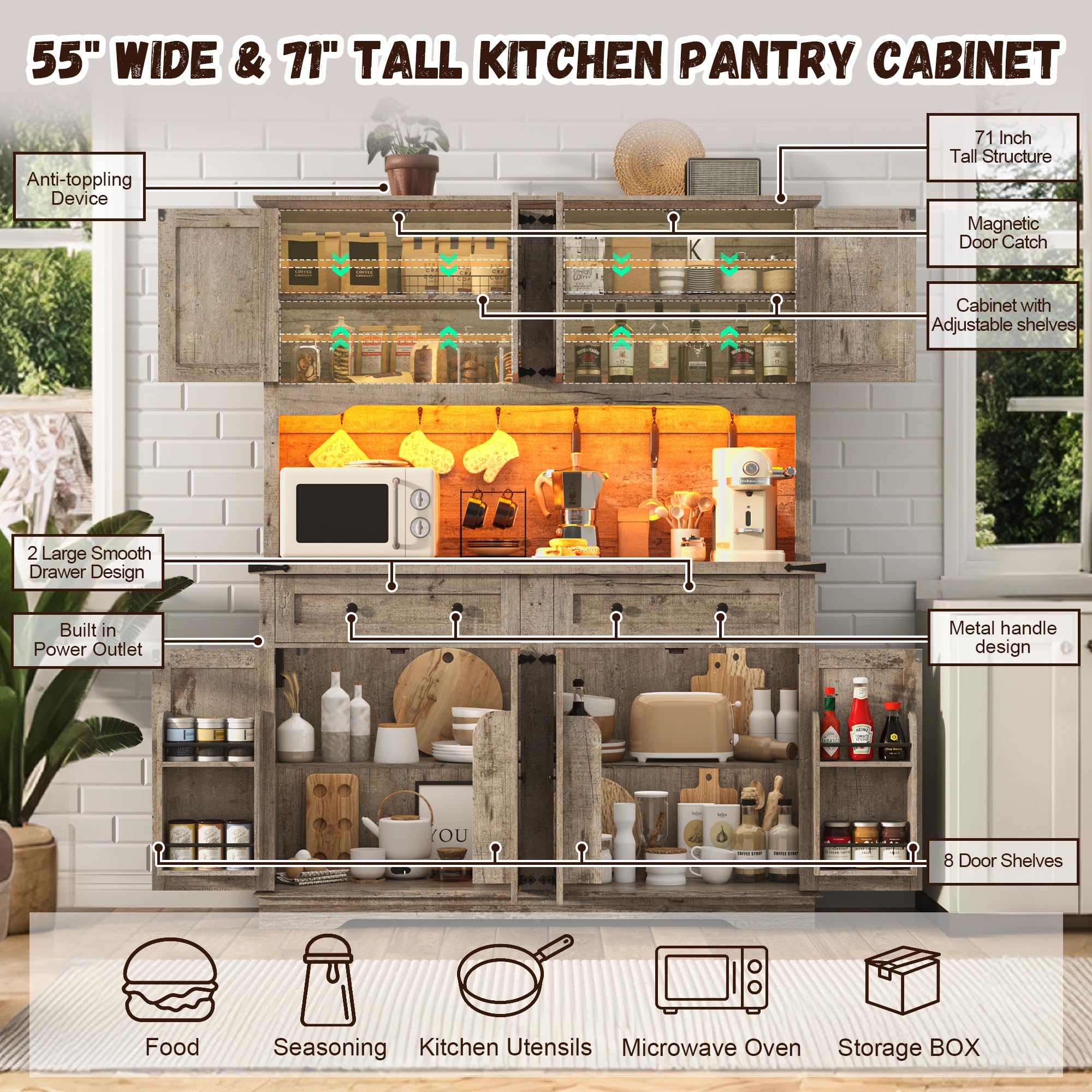 ANPOO 71" Tall Farmhouse Kitchen Pantry Cabinet with LED Light, Power Outlet & 8 Doors with Door-mounted Storage, Large Freestanding Storage Hutch with Open Countertop for Dining Room, Living Room