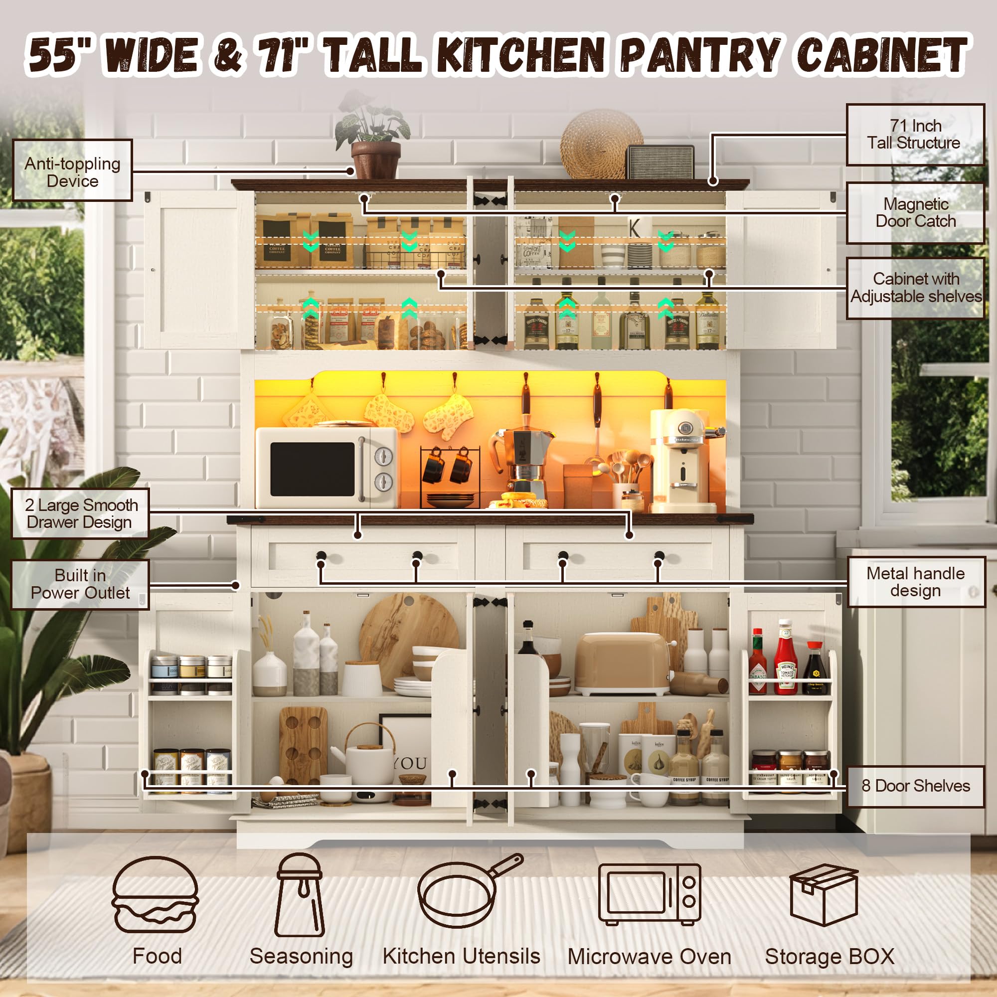 ANPOO 71" Tall Farmhouse Kitchen Pantry Cabinet with LED Light, Power Outlet & 8 Doors with Door-mounted Storage, Large Freestanding Storage Hutch with Open Countertop for Dining Room, Living Room