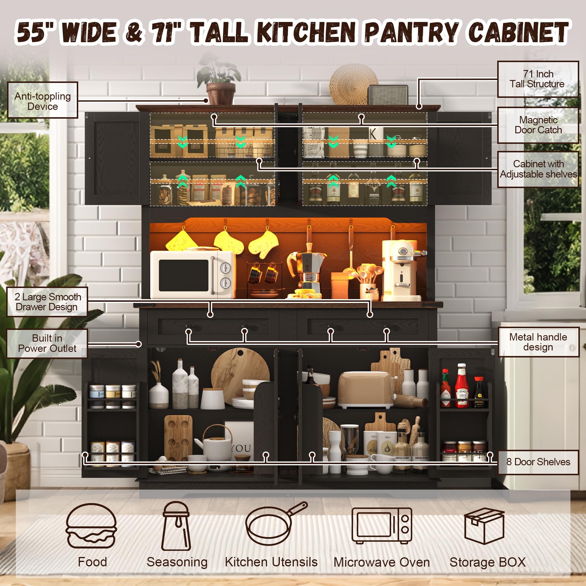 ANPOO 71" Tall Farmhouse Kitchen Pantry Cabinet with LED Light, Power Outlet & 8 Doors with Door-mounted Storage, Large Freestanding Storage Hutch with Open Countertop for Dining Room, Living Room