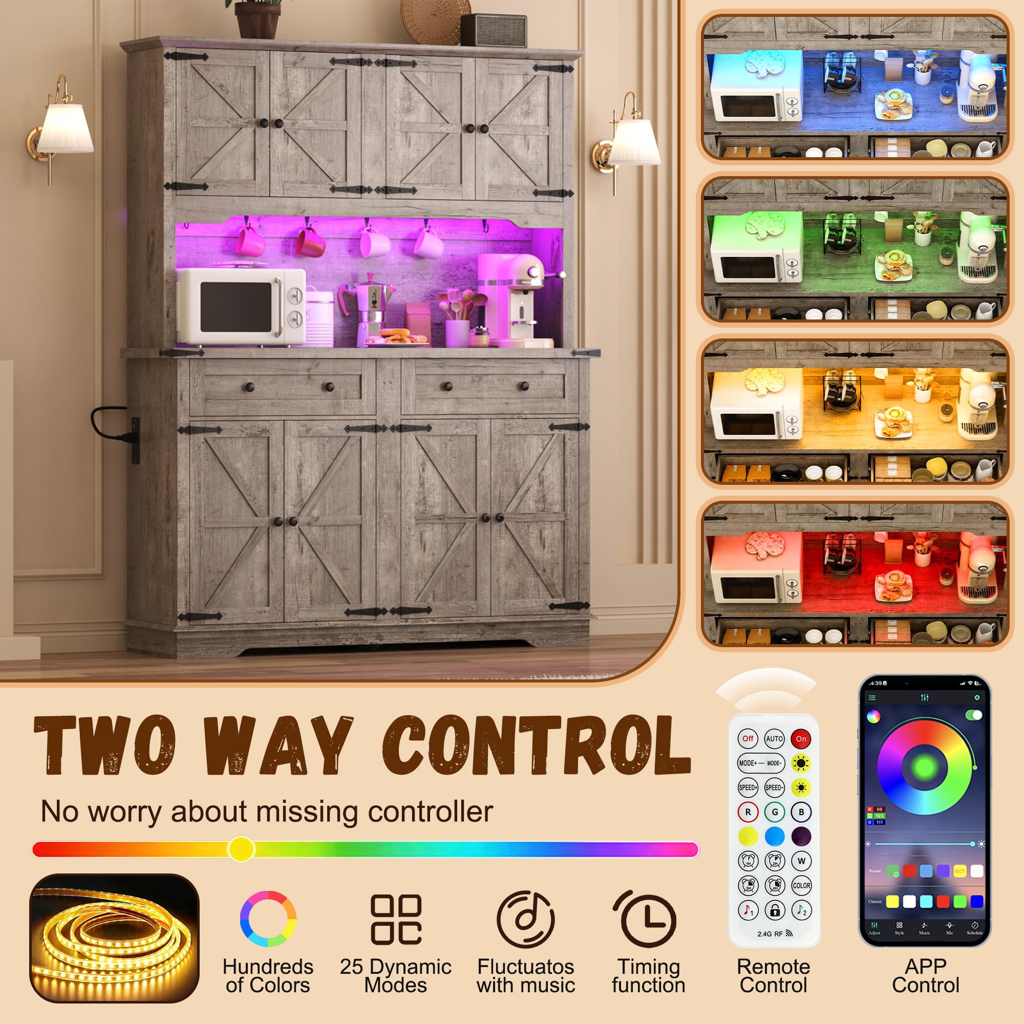 ANPOO 71" Tall Farmhouse Kitchen Pantry Cabinet with LED Light, Power Outlet & 8 Doors with Door-mounted Storage, Large Freestanding Storage Hutch with Open Countertop for Dining Room, Living Room