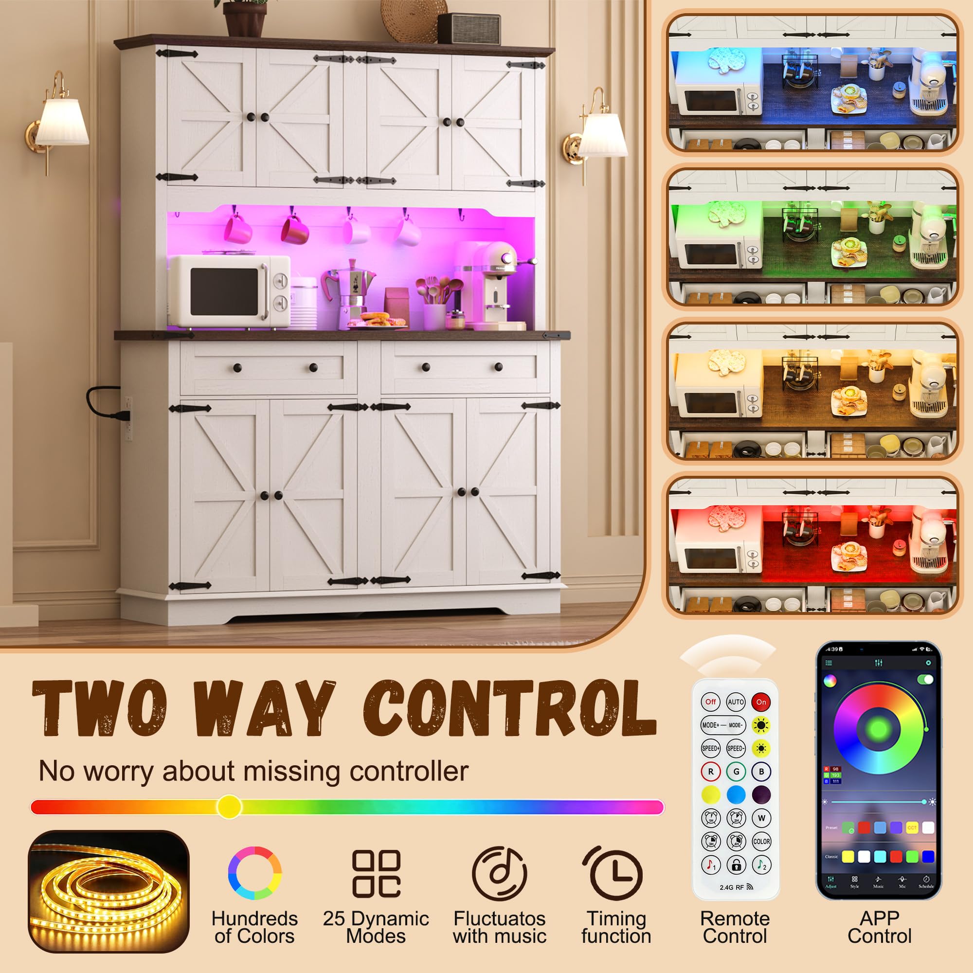 ANPOO 71" Tall Farmhouse Kitchen Pantry Cabinet with LED Light, Power Outlet & 8 Doors with Door-mounted Storage, Large Freestanding Storage Hutch with Open Countertop for Dining Room, Living Room