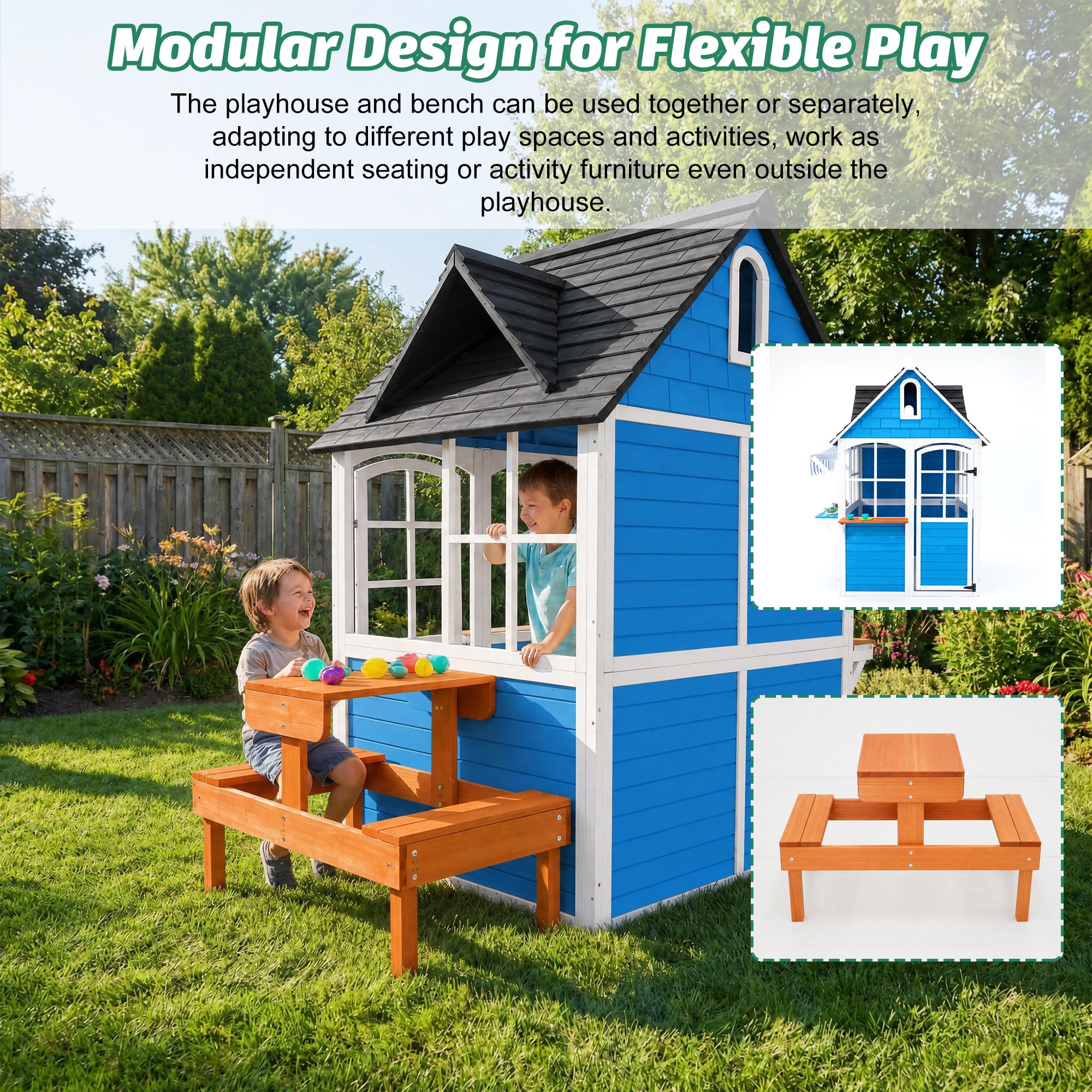 ANPOO Outdoor Wooden Kids Playhouse, Large Play House with Bench/Table/Kitchen/Flower Pot Holders/Toys, Outdoor Play Toy Gift for Ages 3+