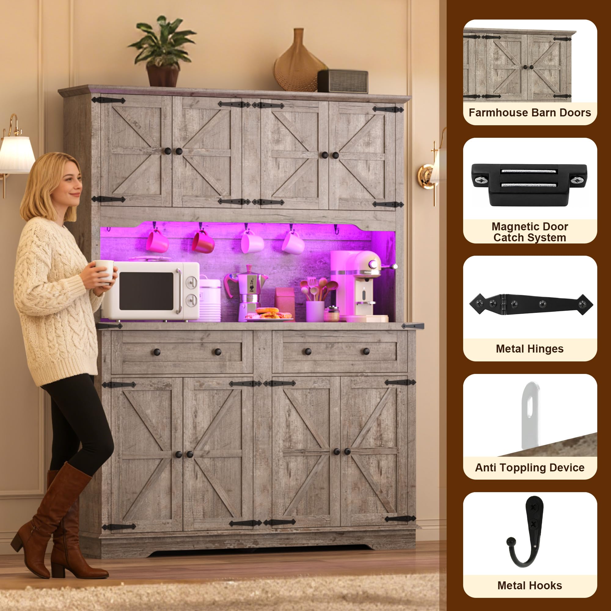 ANPOO 71" Tall Farmhouse Kitchen Pantry Cabinet with LED Light, Power Outlet & 8 Doors with Door-mounted Storage, Large Freestanding Storage Hutch with Open Countertop for Dining Room, Living Room