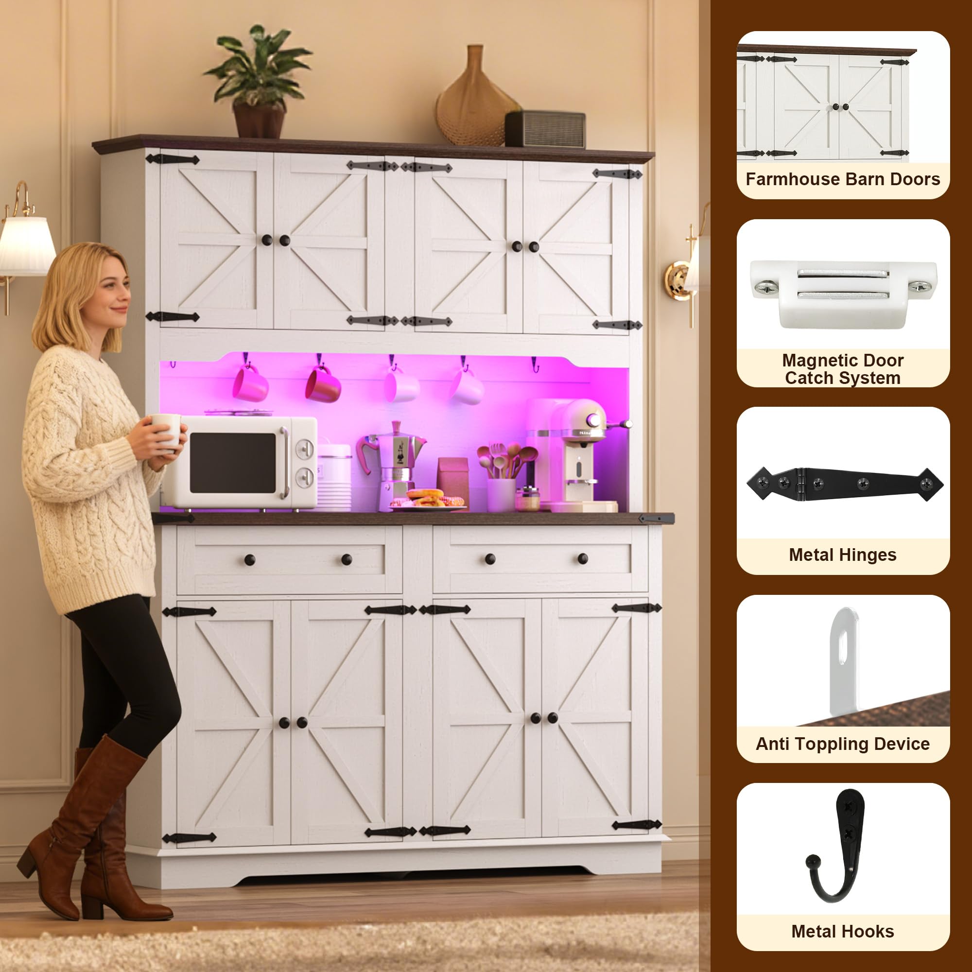 ANPOO 71" Tall Farmhouse Kitchen Pantry Cabinet with LED Light, Power Outlet & 8 Doors with Door-mounted Storage, Large Freestanding Storage Hutch with Open Countertop for Dining Room, Living Room