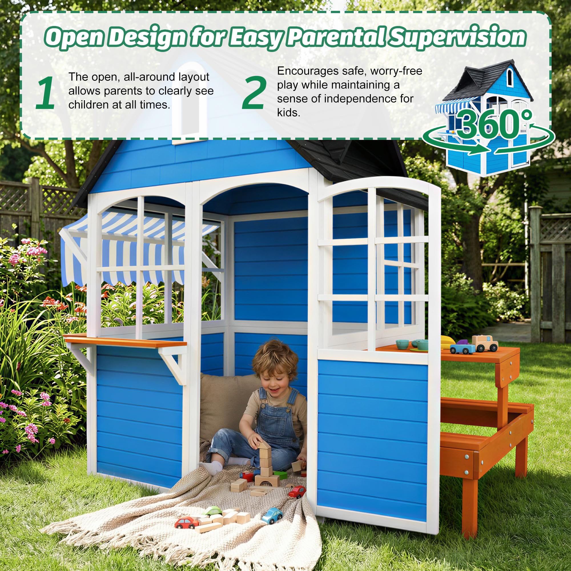 ANPOO Outdoor Wooden Kids Playhouse, Large Play House with Bench/Table/Kitchen/Flower Pot Holders/Toys, Outdoor Play Toy Gift for Ages 3+