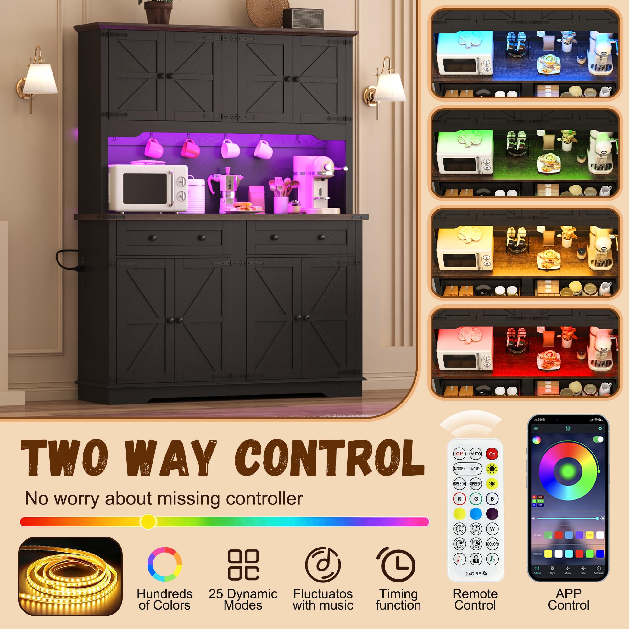 ANPOO 71" Tall Farmhouse Kitchen Pantry Cabinet with LED Light, Power Outlet & 8 Doors with Door-mounted Storage, Large Freestanding Storage Hutch with Open Countertop for Dining Room, Living Room