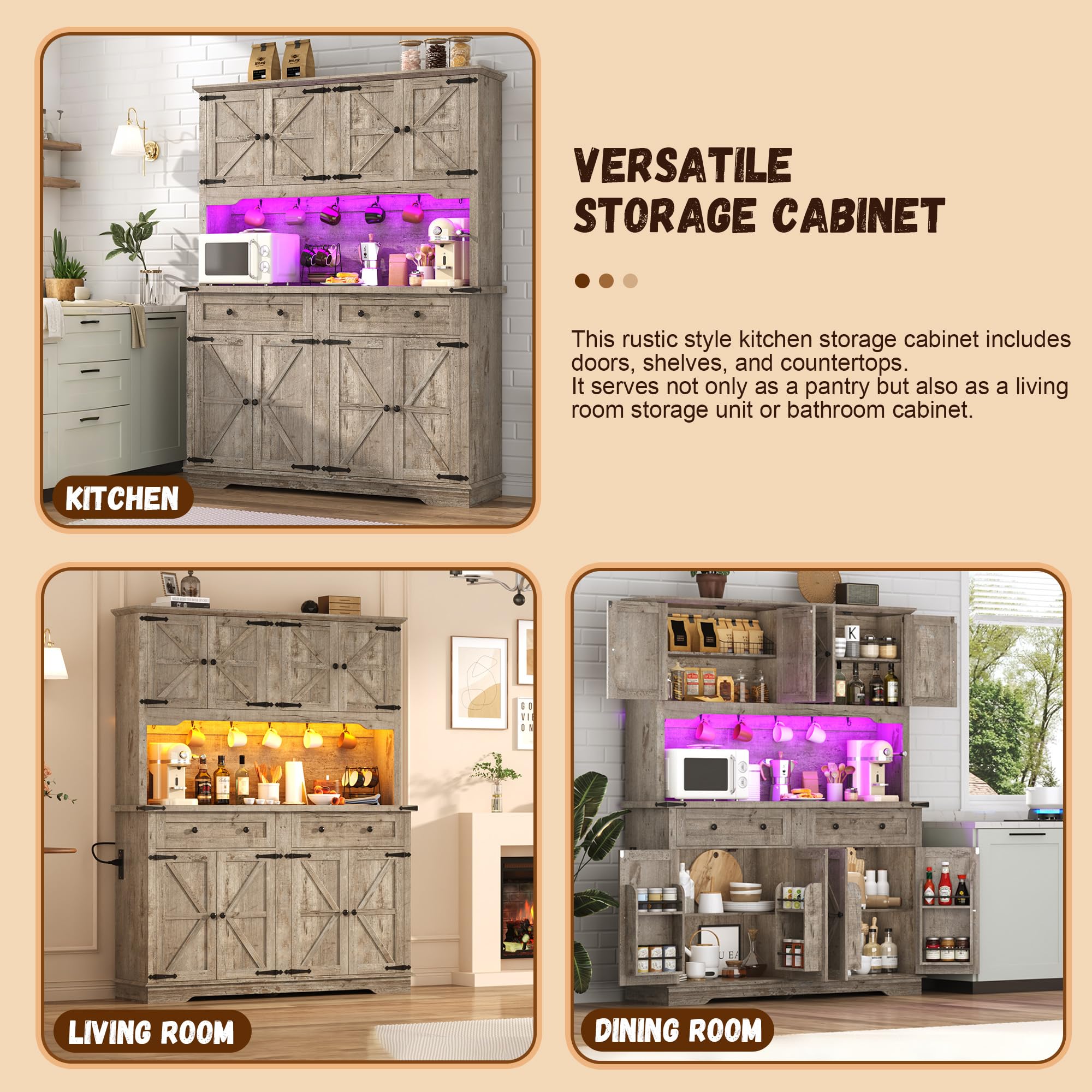 ANPOO 71" Tall Farmhouse Kitchen Pantry Cabinet with LED Light, Power Outlet & 8 Doors with Door-mounted Storage, Large Freestanding Storage Hutch with Open Countertop for Dining Room, Living Room