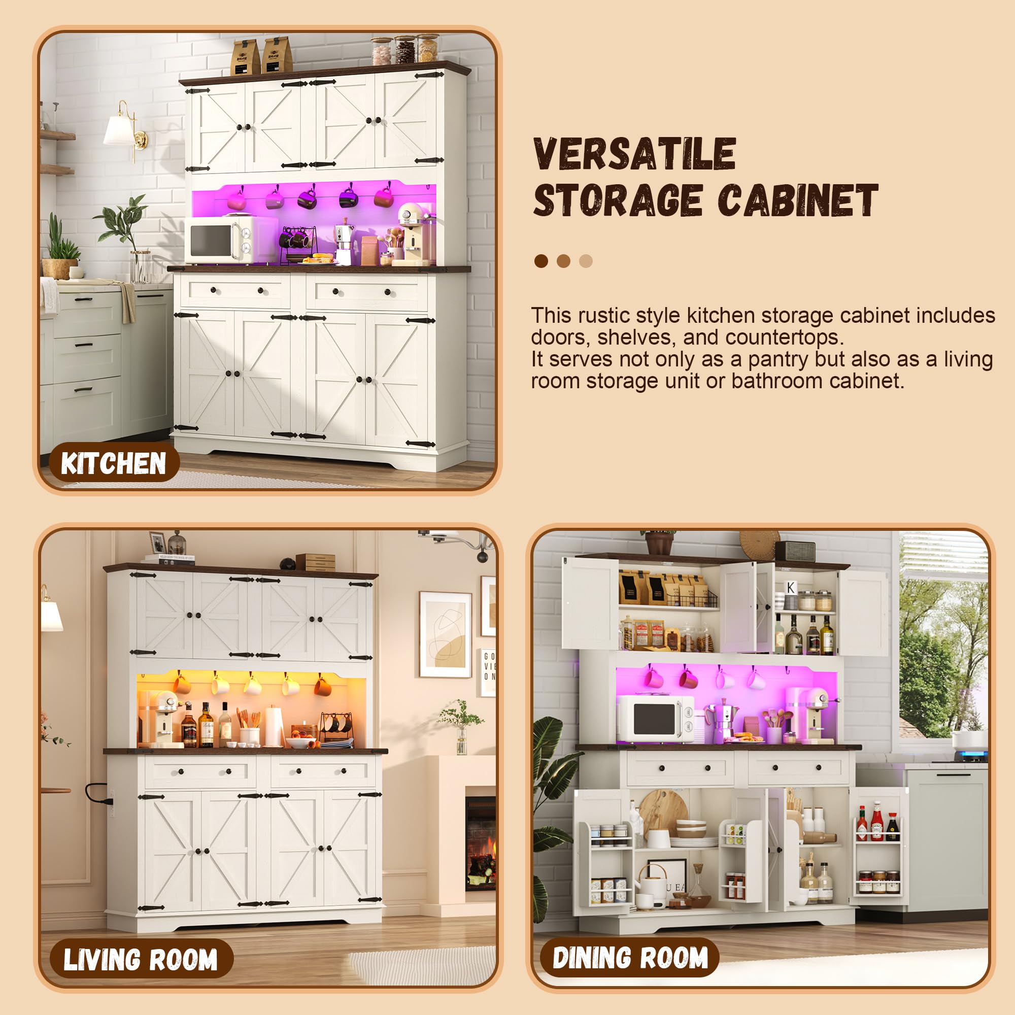 ANPOO 71" Tall Farmhouse Kitchen Pantry Cabinet with LED Light, Power Outlet & 8 Doors with Door-mounted Storage, Large Freestanding Storage Hutch with Open Countertop for Dining Room, Living Room