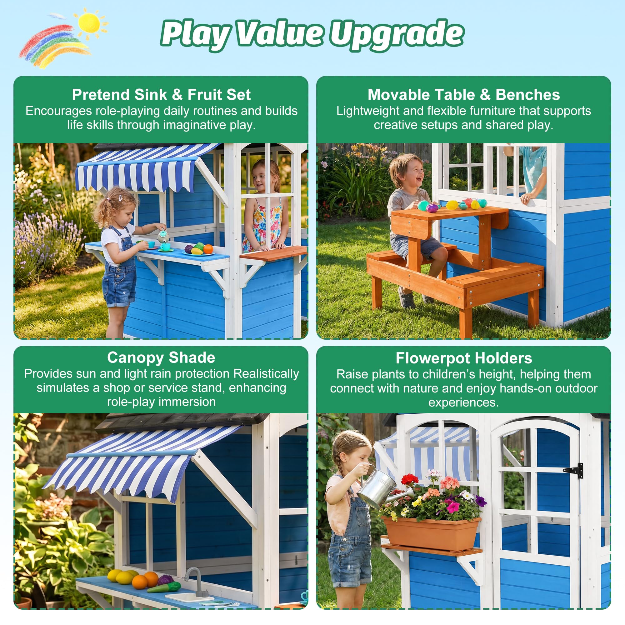 ANPOO Outdoor Wooden Kids Playhouse, Large Play House with Bench/Table/Kitchen/Flower Pot Holders/Toys, Outdoor Play Toy Gift for Ages 3+