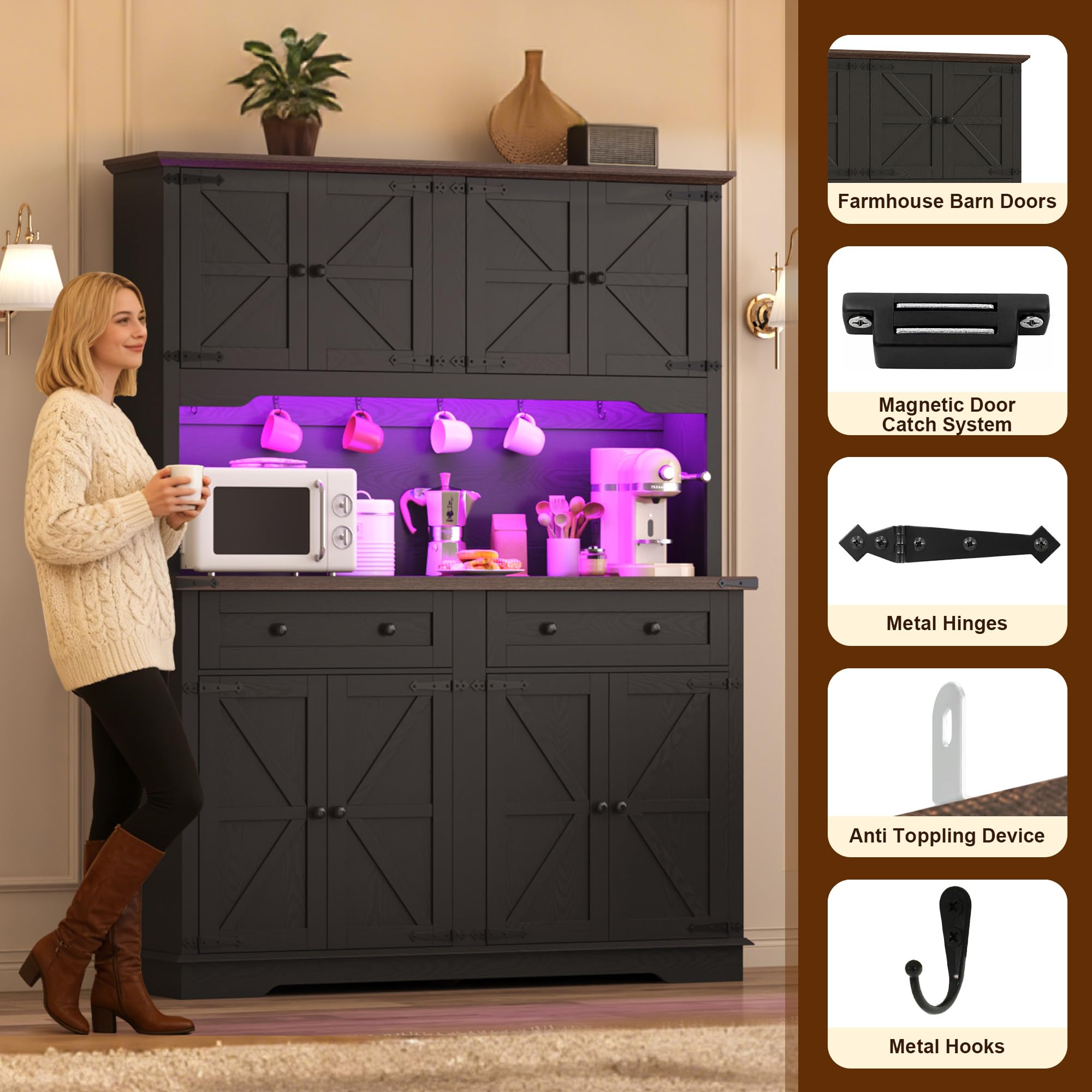 ANPOO 71" Tall Farmhouse Kitchen Pantry Cabinet with LED Light, Power Outlet & 8 Doors with Door-mounted Storage, Large Freestanding Storage Hutch with Open Countertop for Dining Room, Living Room