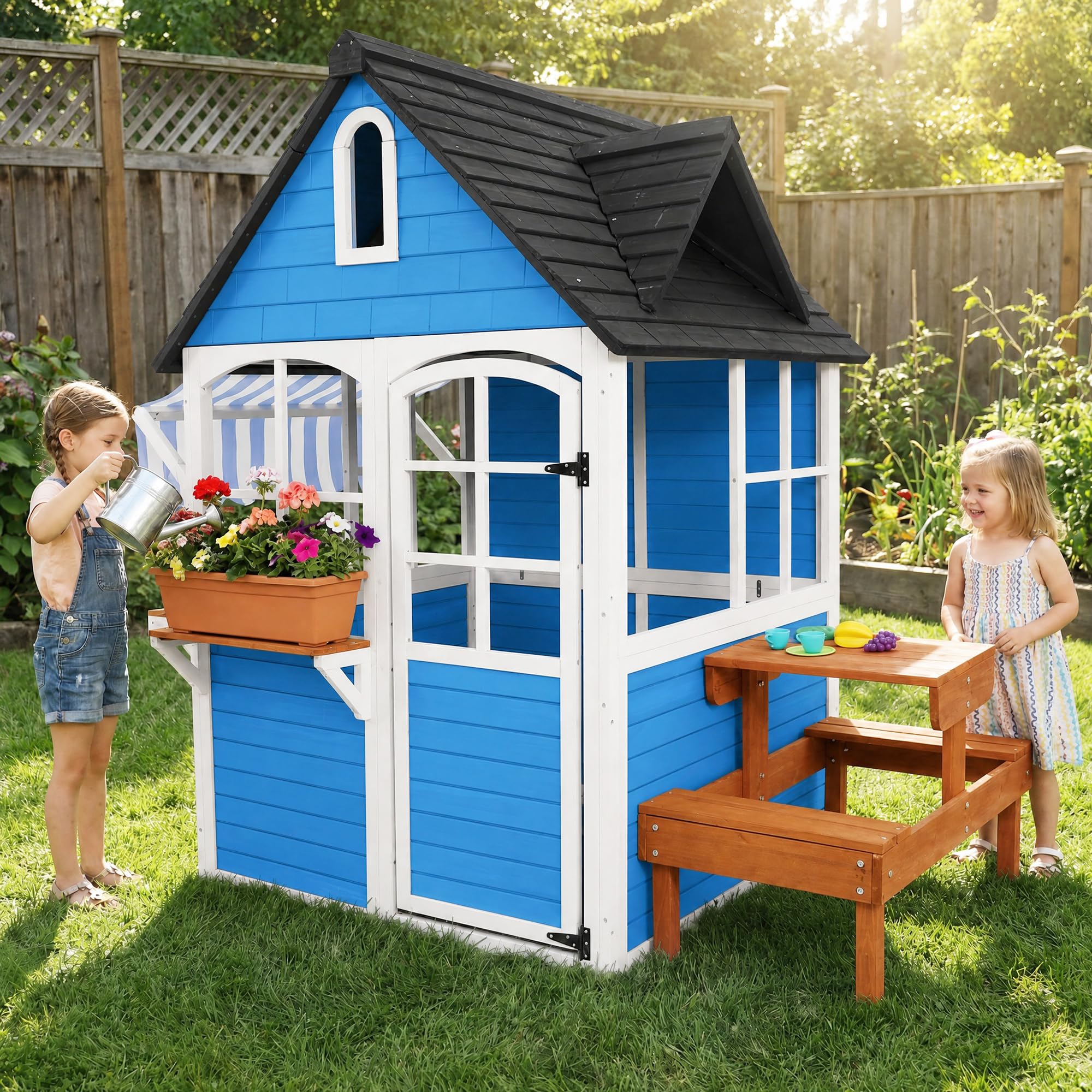ANPOO Outdoor Wooden Kids Playhouse, Large Play House with Bench/Table/Kitchen/Flower Pot Holders/Toys, Outdoor Play Toy Gift for Ages 3+