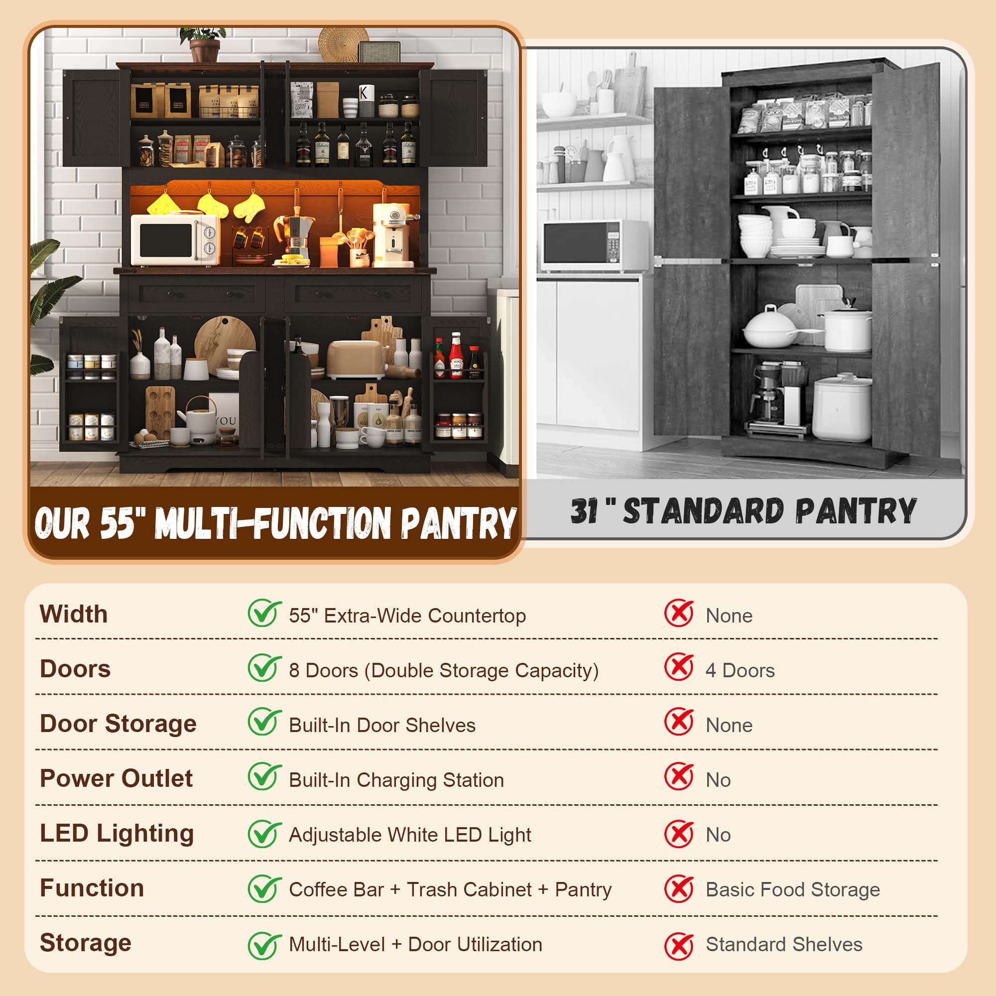 ANPOO 71" Tall Farmhouse Kitchen Pantry Cabinet with LED Light, Power Outlet & 8 Doors with Door-mounted Storage, Large Freestanding Storage Hutch with Open Countertop for Dining Room, Living Room